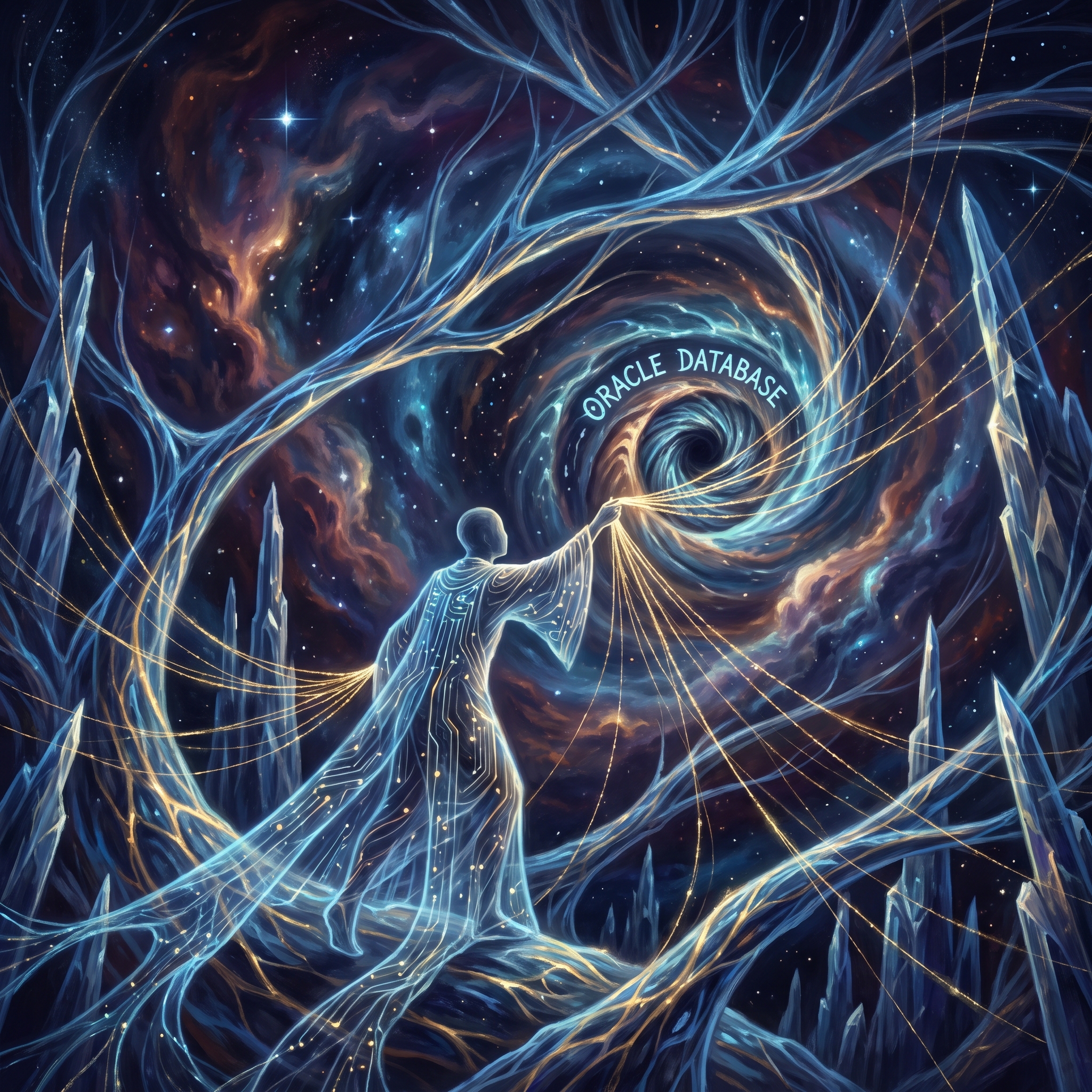 An AI agent at the center of a cosmic library, drawing golden memory threads from a vast crystalline Oracle database