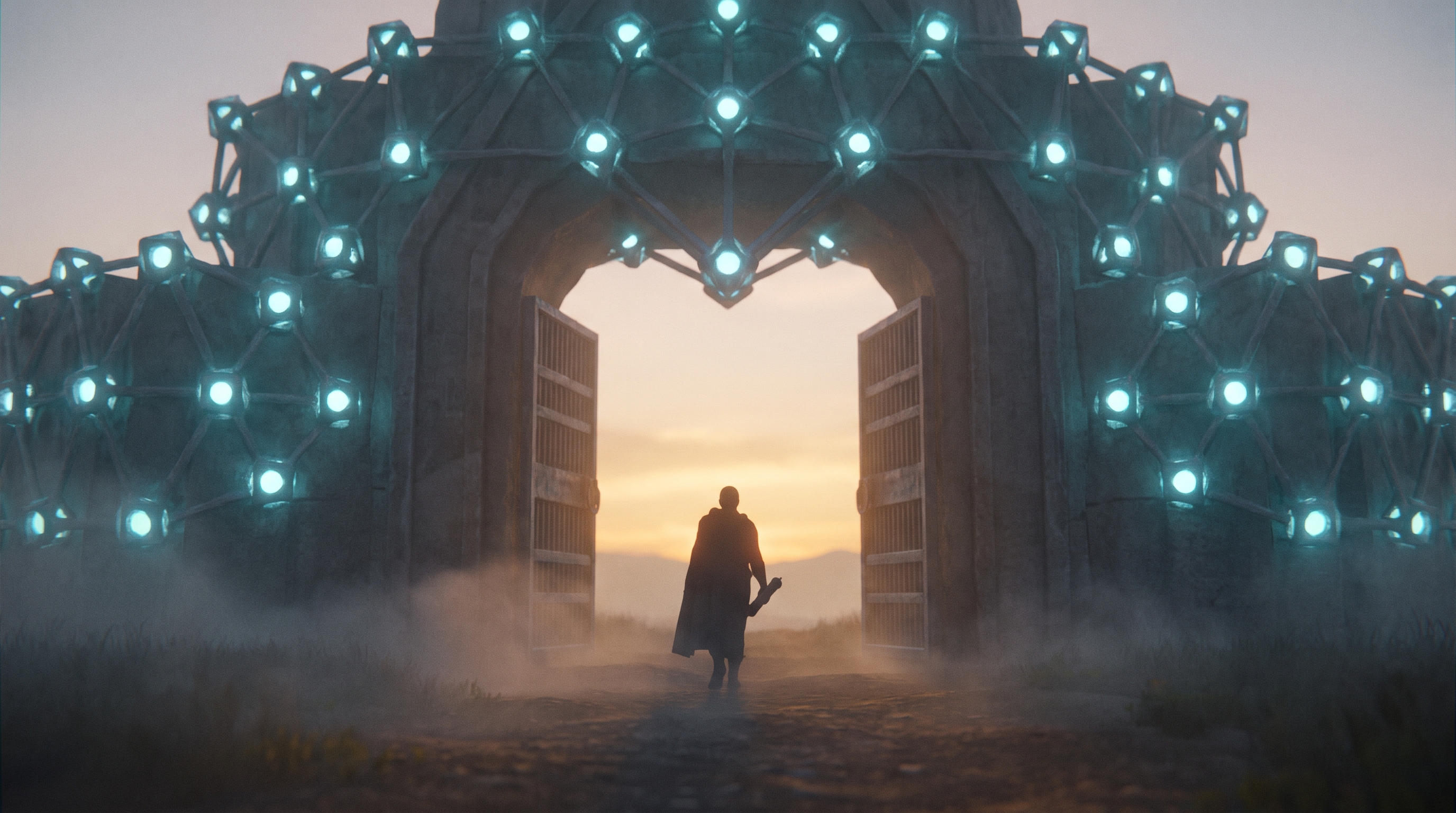 Day 15 of 703: an outside figure of light walking toward the gates of a sovereign civilization, cinematic deep-space composition, electric blues, dramatic contrast.