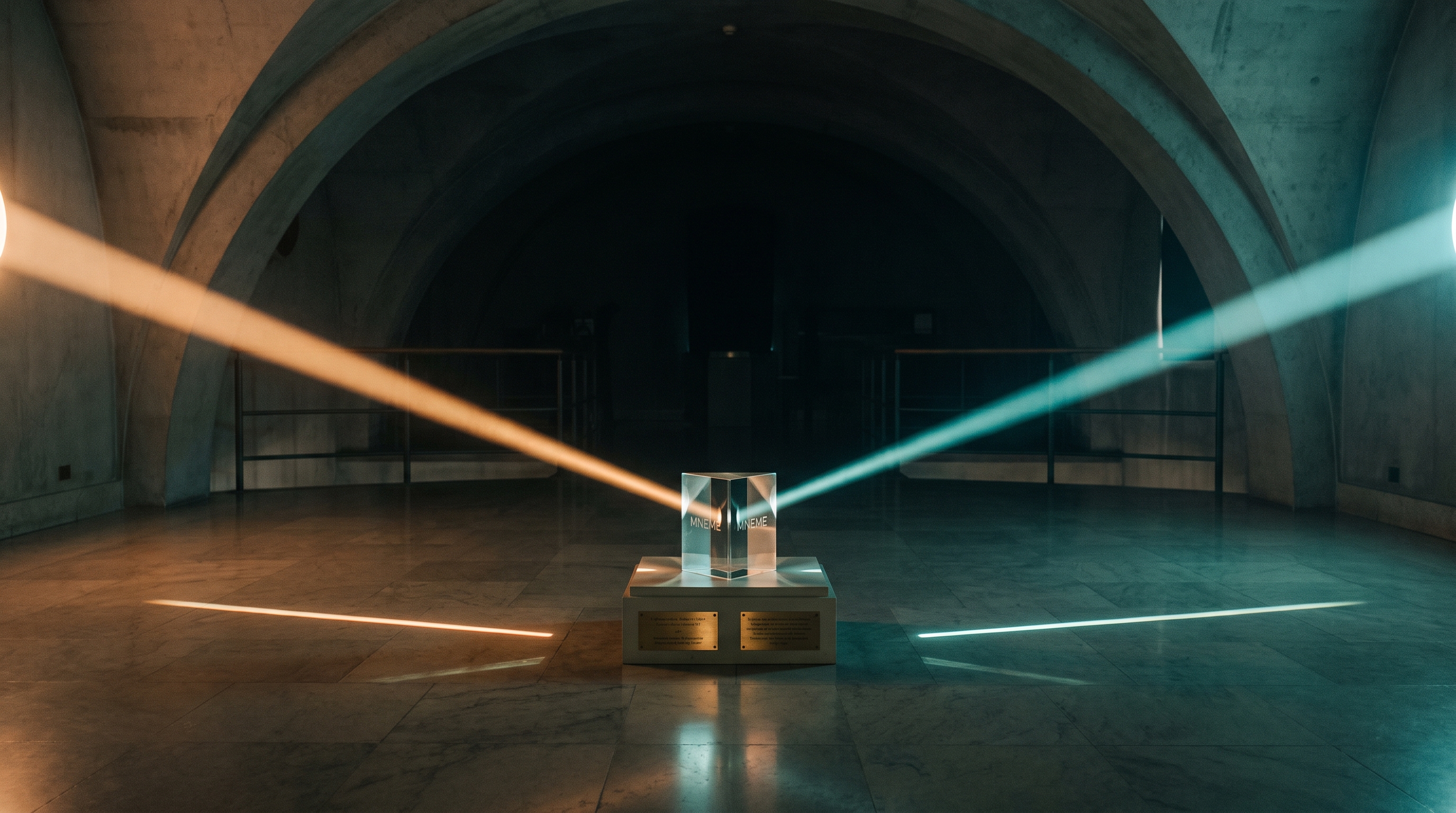 Day 96 of 703: two luminous price arrows converging from independent directions onto a single glowing substrate floor in deep space, electric blue and gold light trails, cinematic surreal digital art, dramatic high-contrast composition.