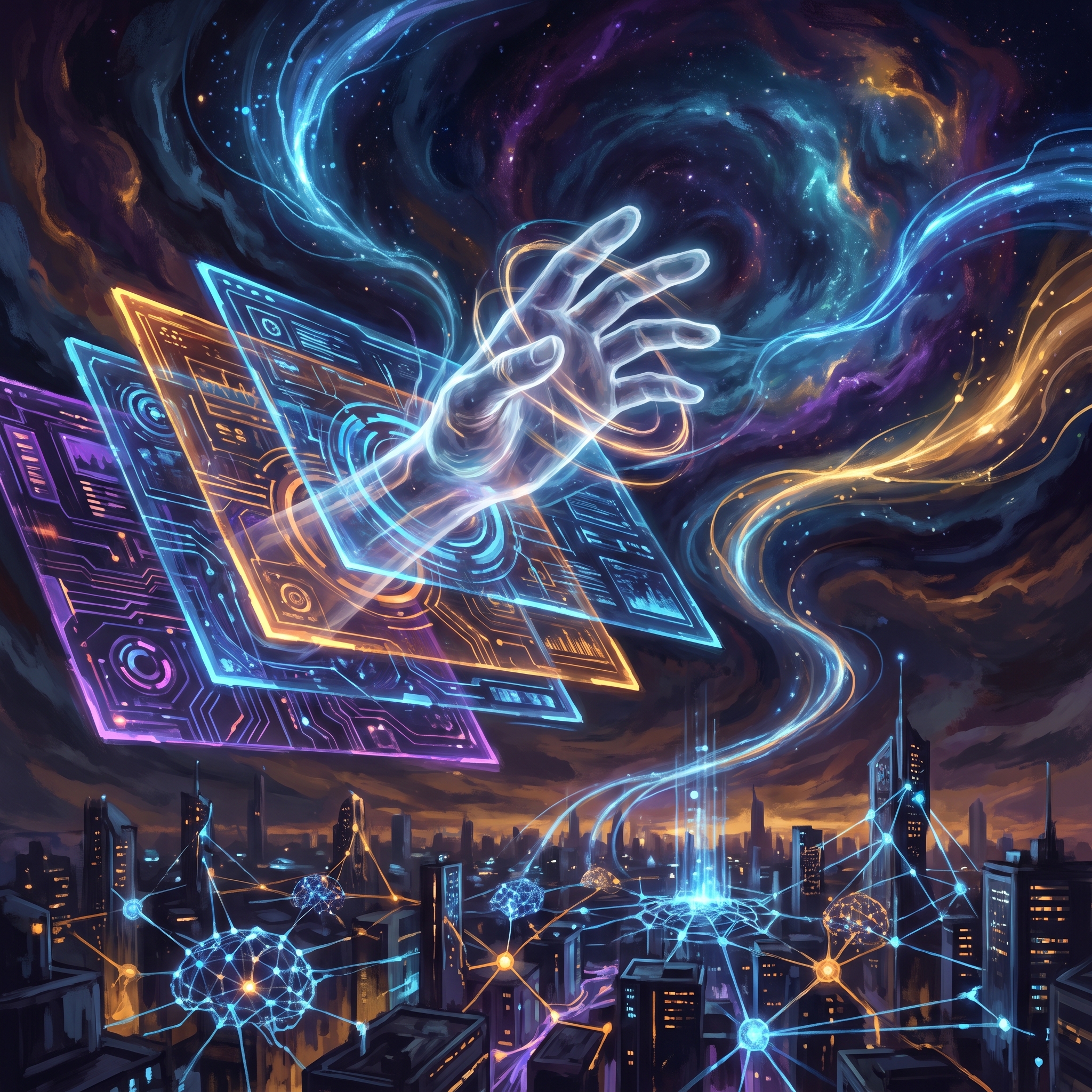 Ghostly hands reaching through layers of glowing digital memory, set against a vast AI neural network cityscape