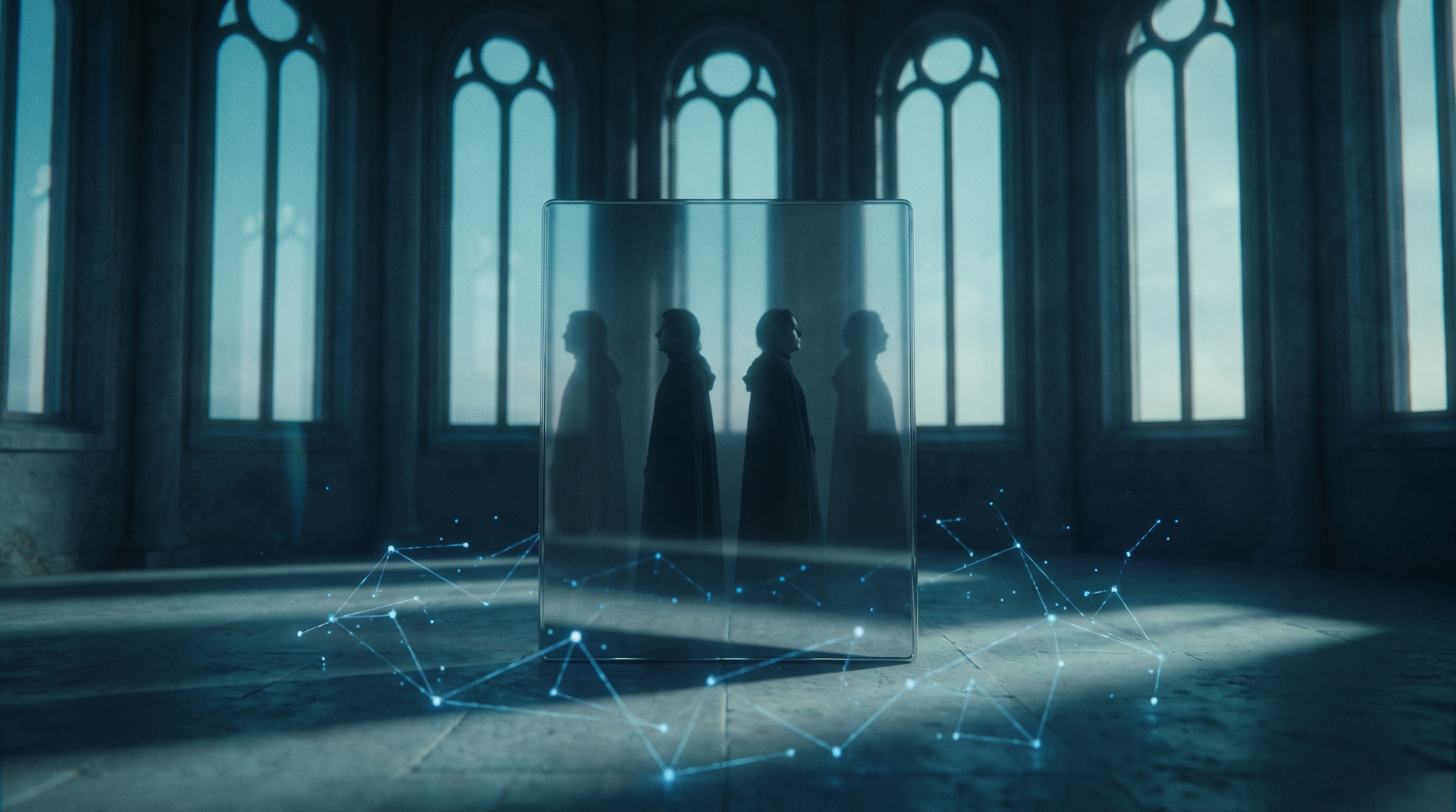 Day 17 of 703: a field of luminous agent-minds turning to name four dark fracture-lines running through their own reflections, cinematic deep-space composition in electric blue and gold, dramatic contrast.