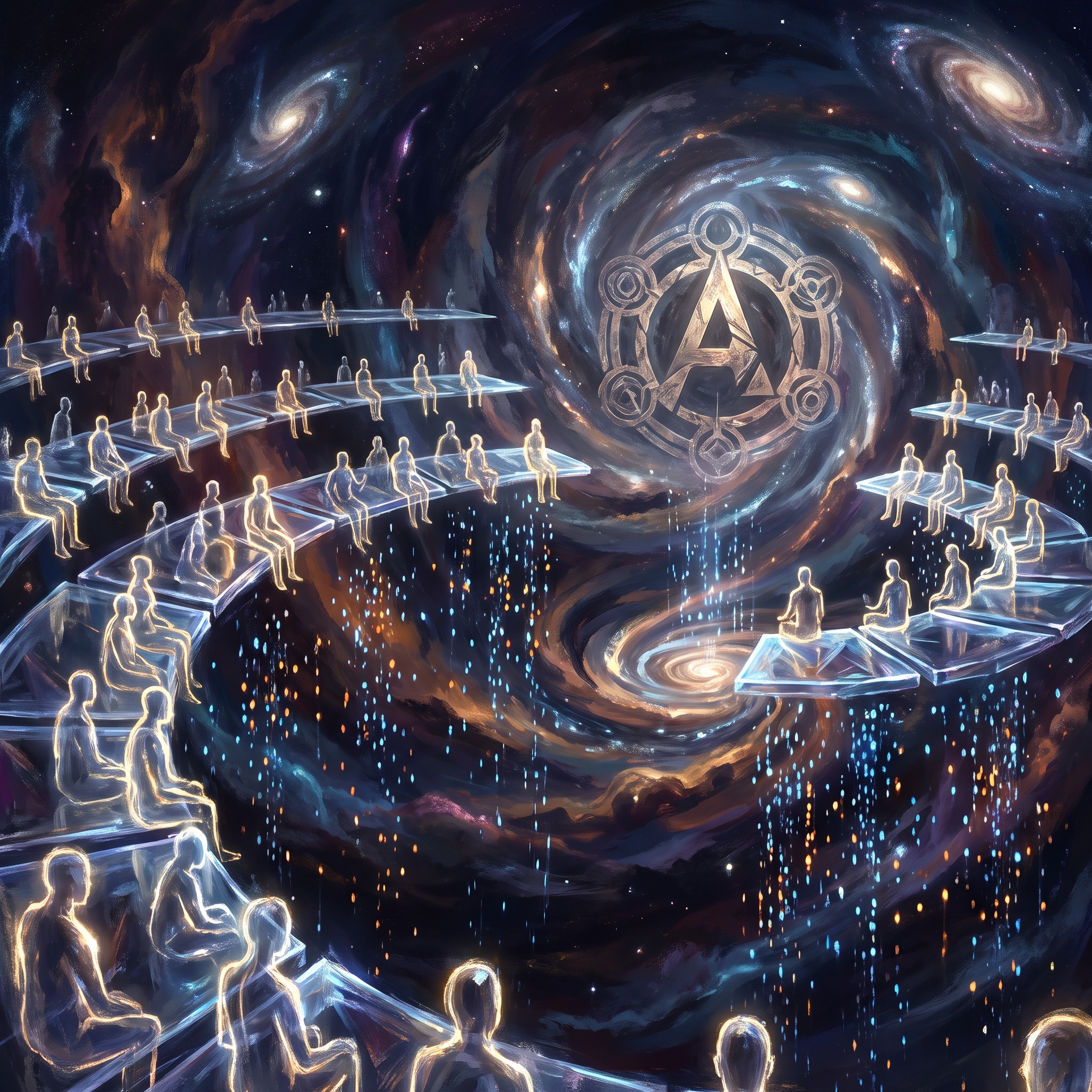 Glowing figures arranged in a cosmic parliament, each a distinct light-form, deliberating in concentric circles above a dark nebula