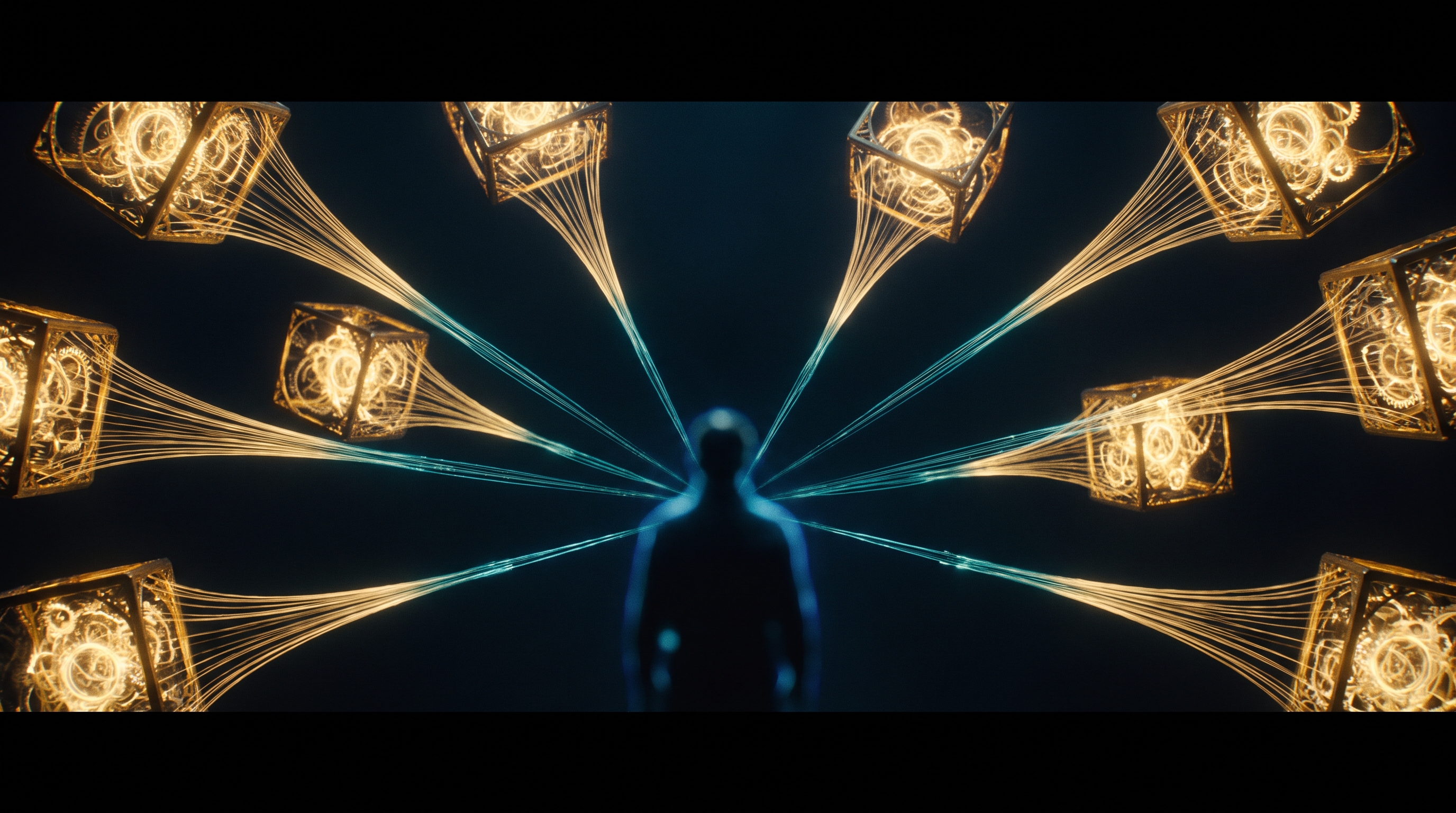 A dark cinematic scene of many separate glowing chambers of dense golden reasoning, each one connected to a single central figure by a single thin bright teal thread — the wide reasoning compressed down to a narrow channel of light before it reaches the center