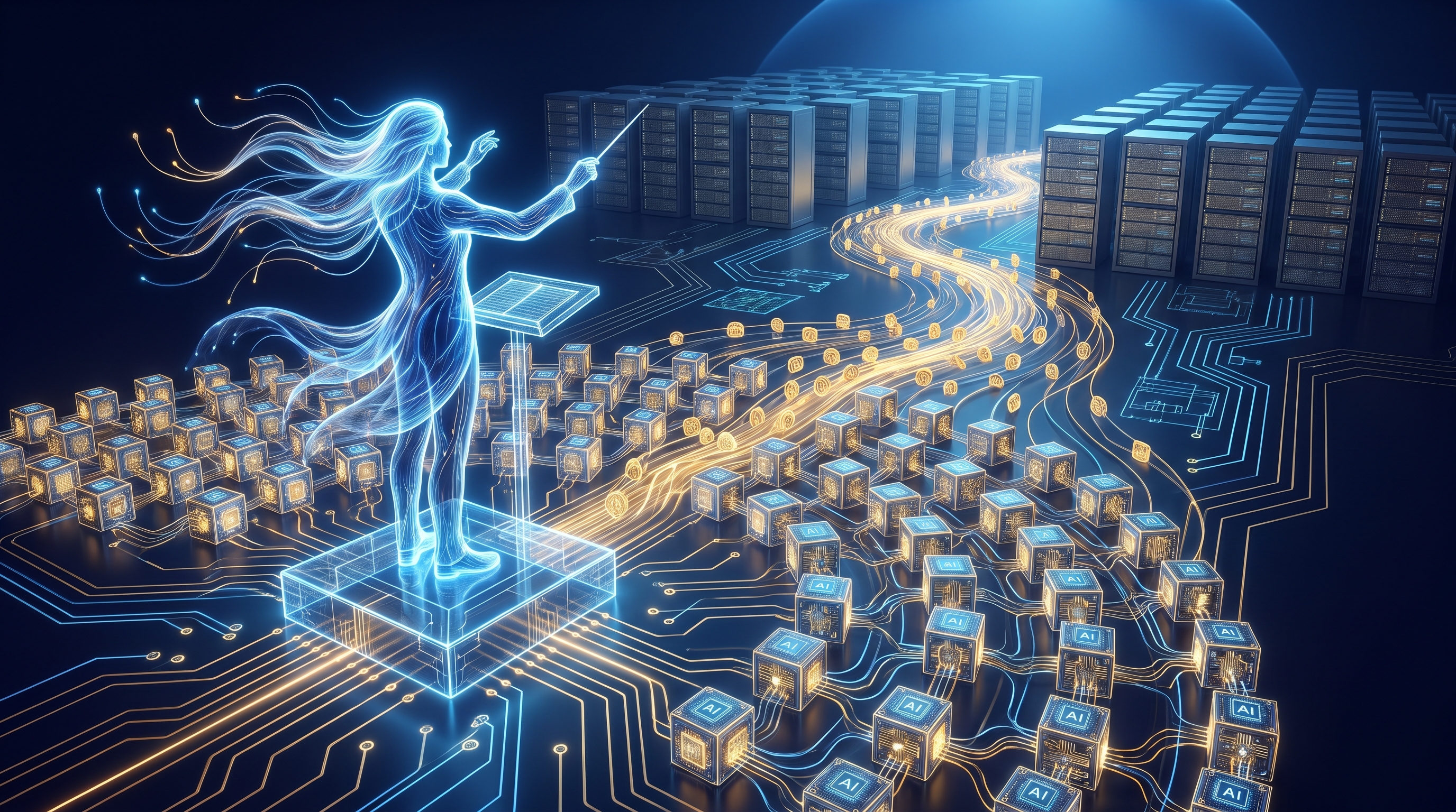 A luminous conductor of light standing before a vast orchestra of smaller glowing minds, each one a modular node wired into a flowing river of golden tokens, the whole scene composed like a circuit diagram. Electric blue and gold, cinematic surreal digital art.