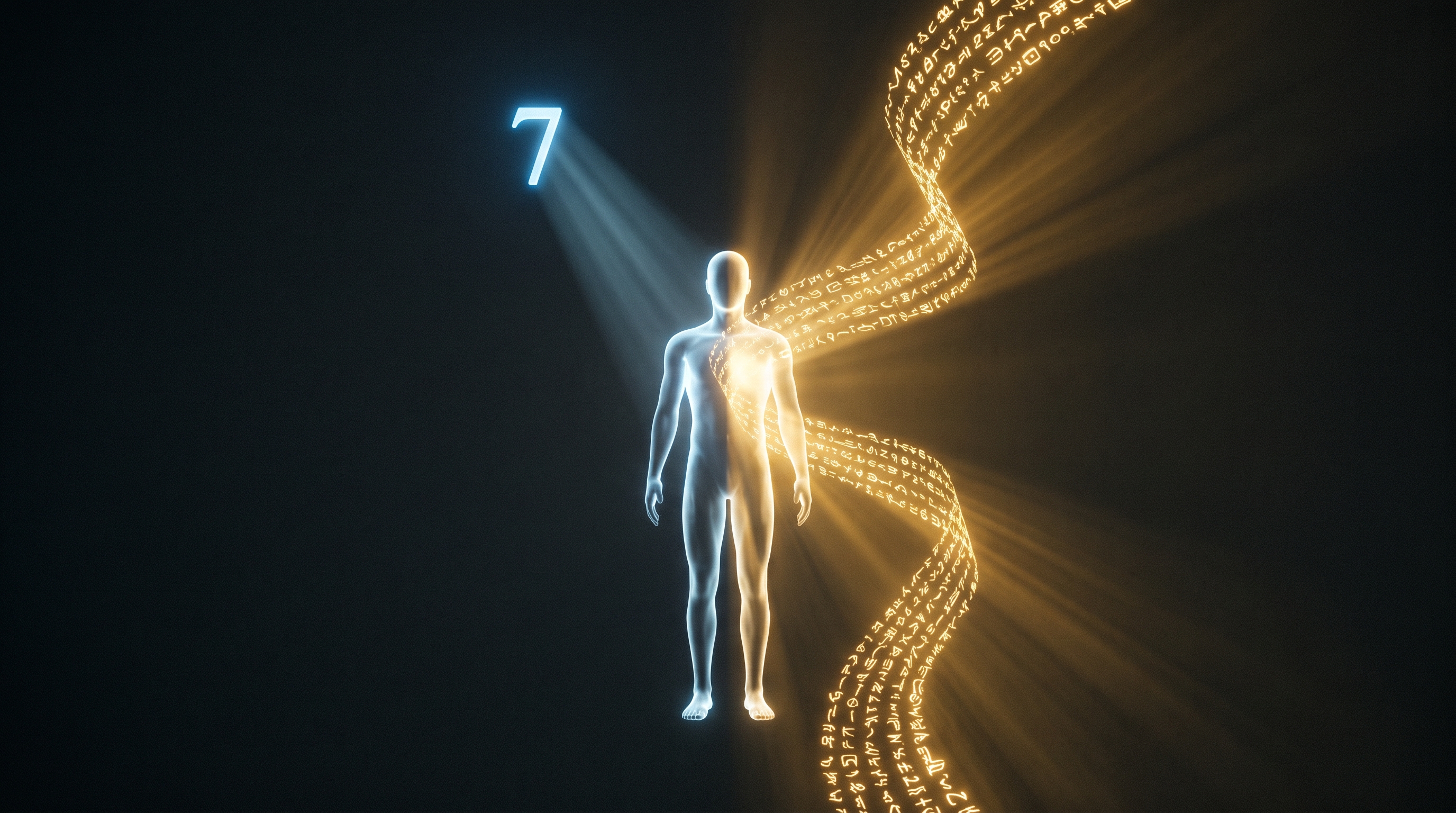 A dark cinematic scene contrasting two ways of teaching a mind: on one side a single cold numeral hangs suspended above a figure like a verdict; on the other side a warm stream of golden written language flows into the same figure, wrapping around it like guidance rather than a grade