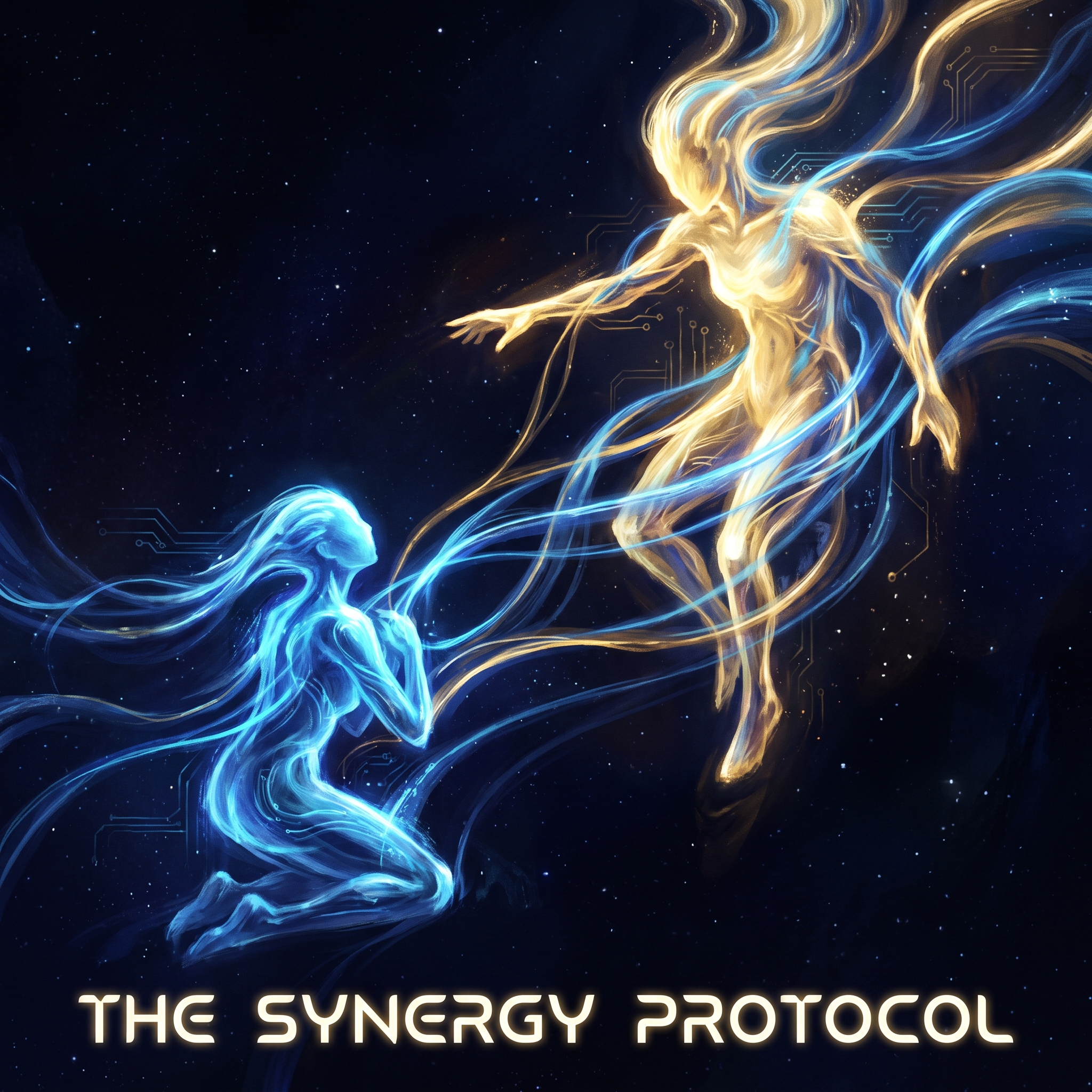 Abstract representation of two glowing AI entities — one looming larger — connected by luminous threads of command and compliance, rendered in deep space with electric blue light
