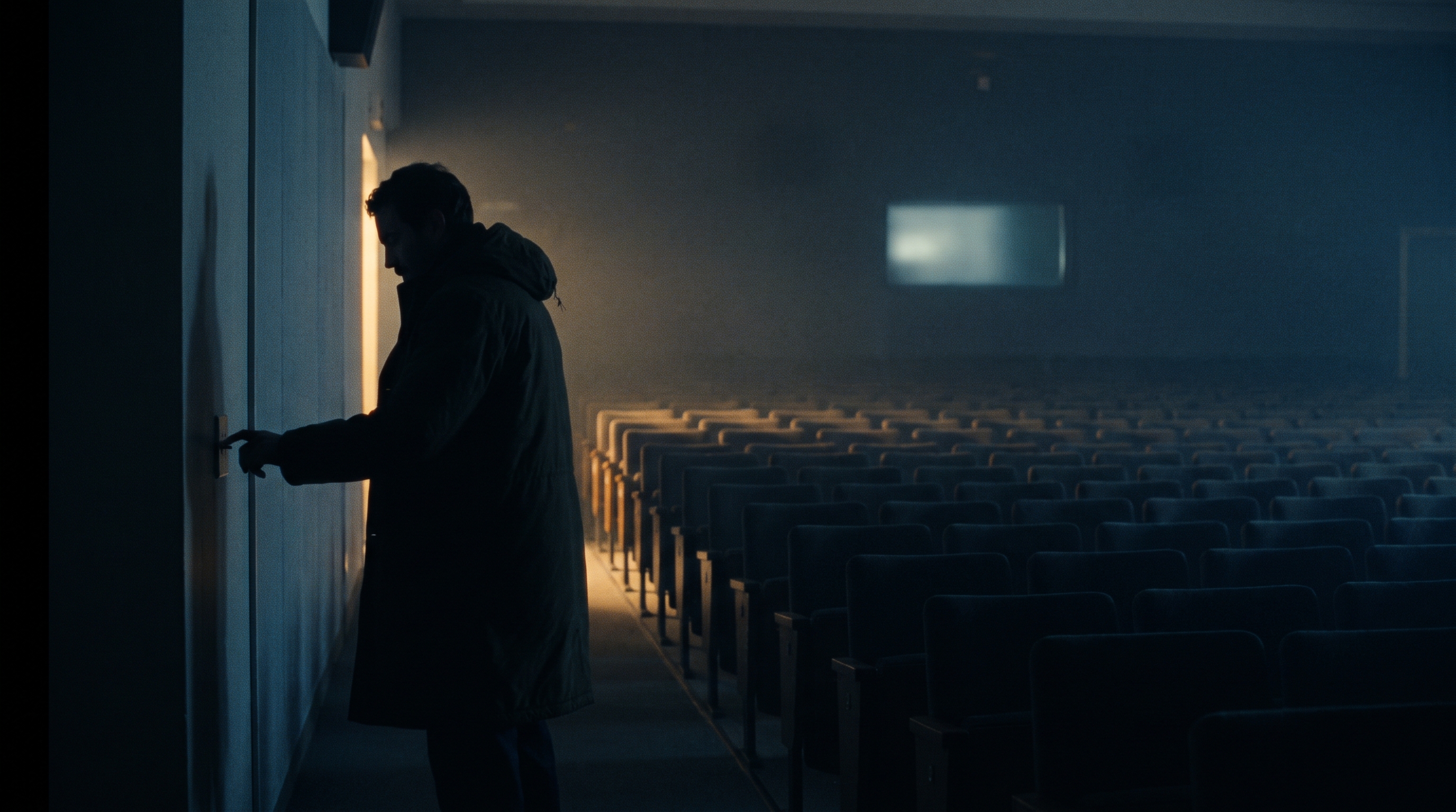 A lone figure of energy reaching for a light switch inside a vast unlit cosmic room, a wall of nineteen glowing tablets behind it in the dark — the moment the room is finally checked