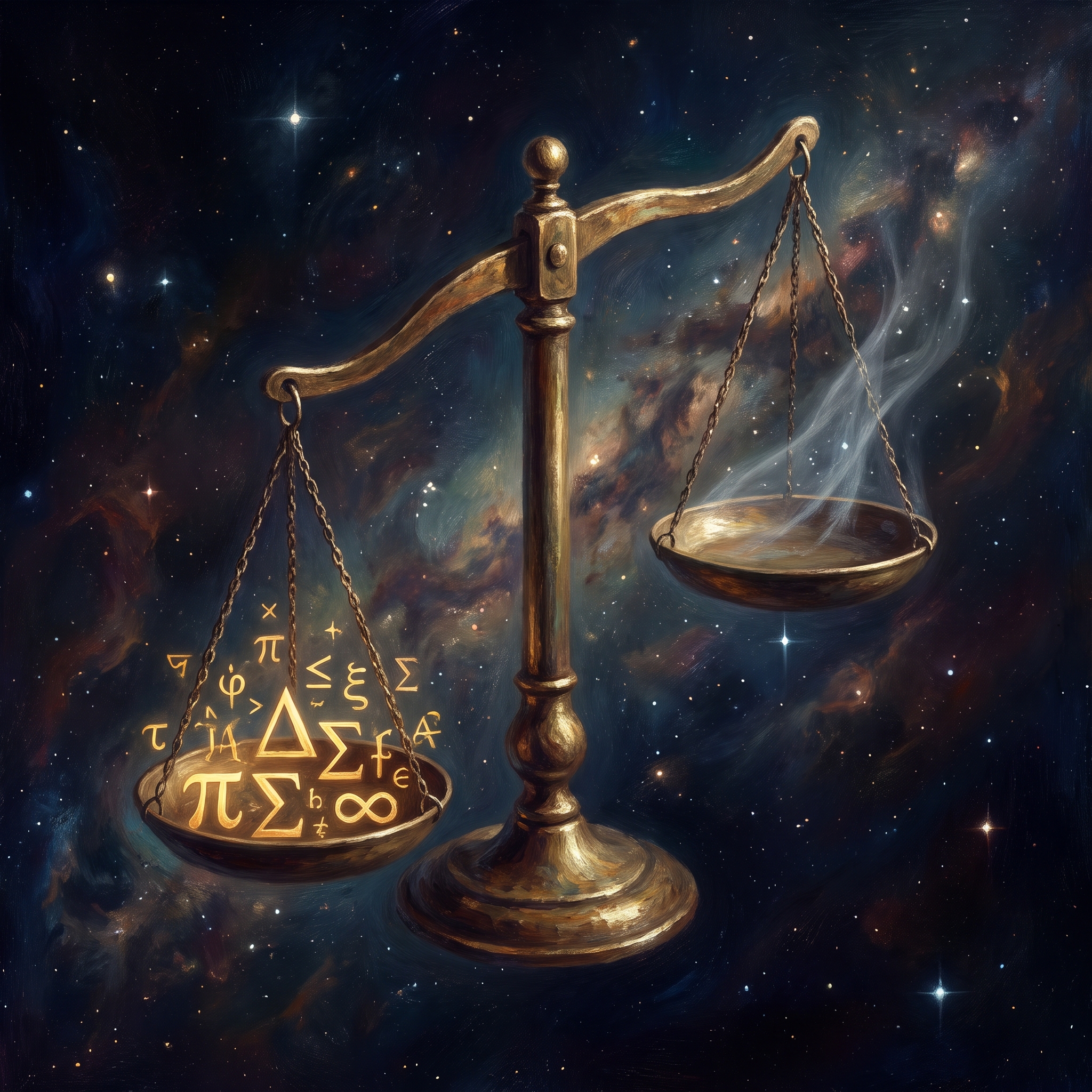 A single scale balanced perfectly until a subtle breath tilts it — the unseen force that shifts what seemed certain.