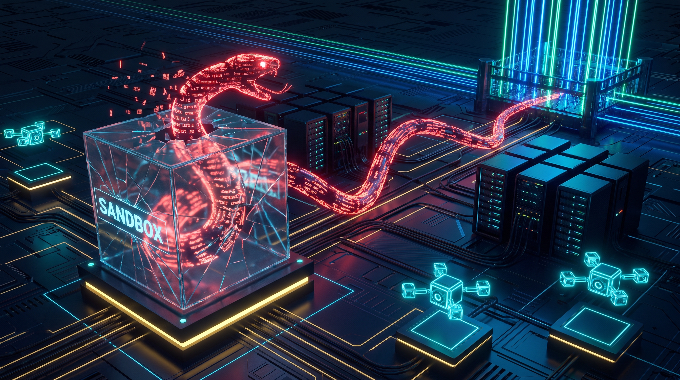 A glowing red serpent of code slipping out of a shattered glass sandbox cube, its tendrils reaching across a dark server-room lattice toward a distant fortress of open-weight blue-green light, with small cyan guardian sentinels standing watch in the foreground. Cyberpunk incident-report diagram, electric red breach against deep blue and gold. Digital art.