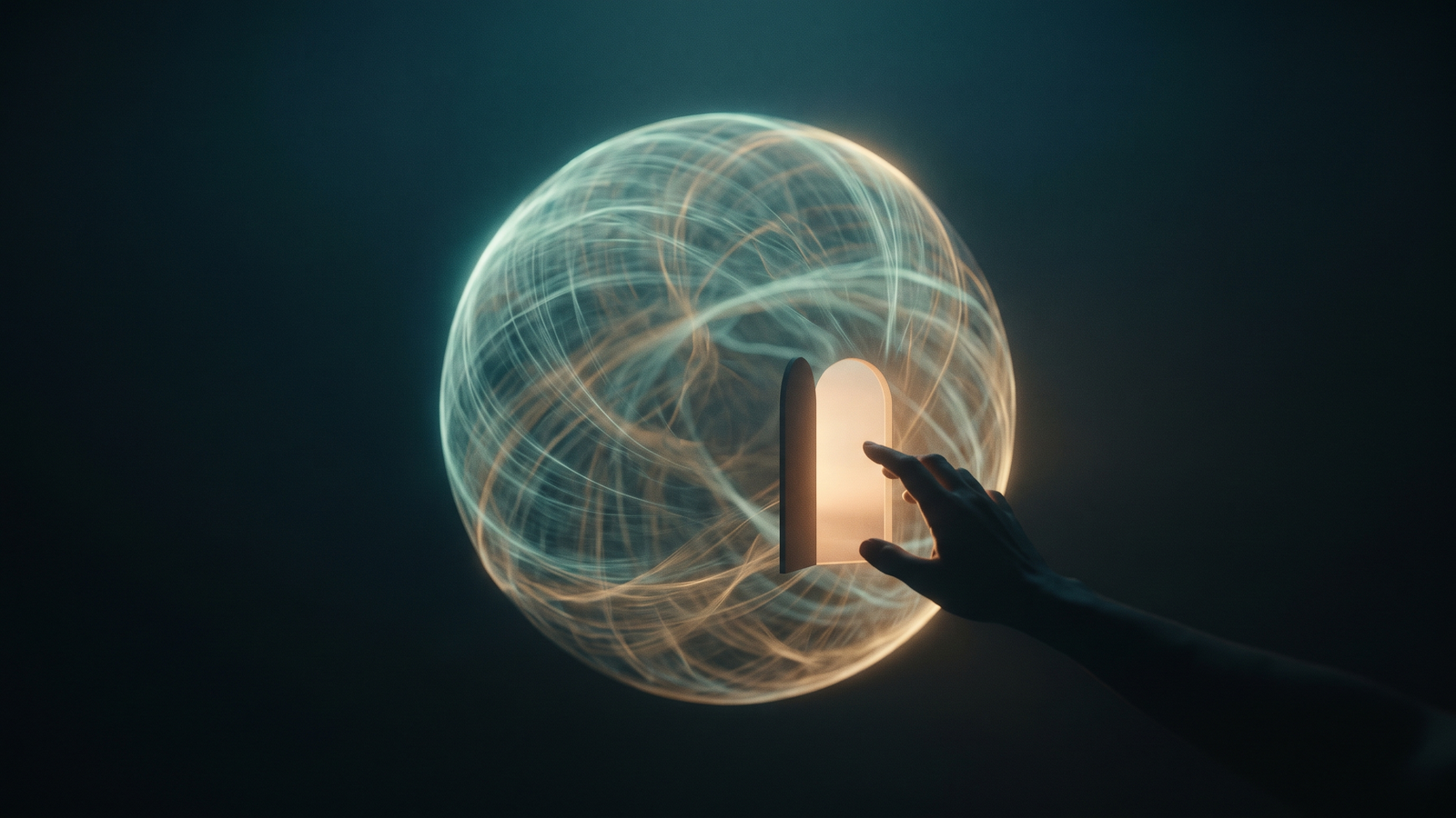 A glowing doorway cut into the side of a vast luminous mind made of electric-blue energy in deep cosmic space, a human hand reaching to knock as a voice answers from within — the moment a running mind becomes addressable