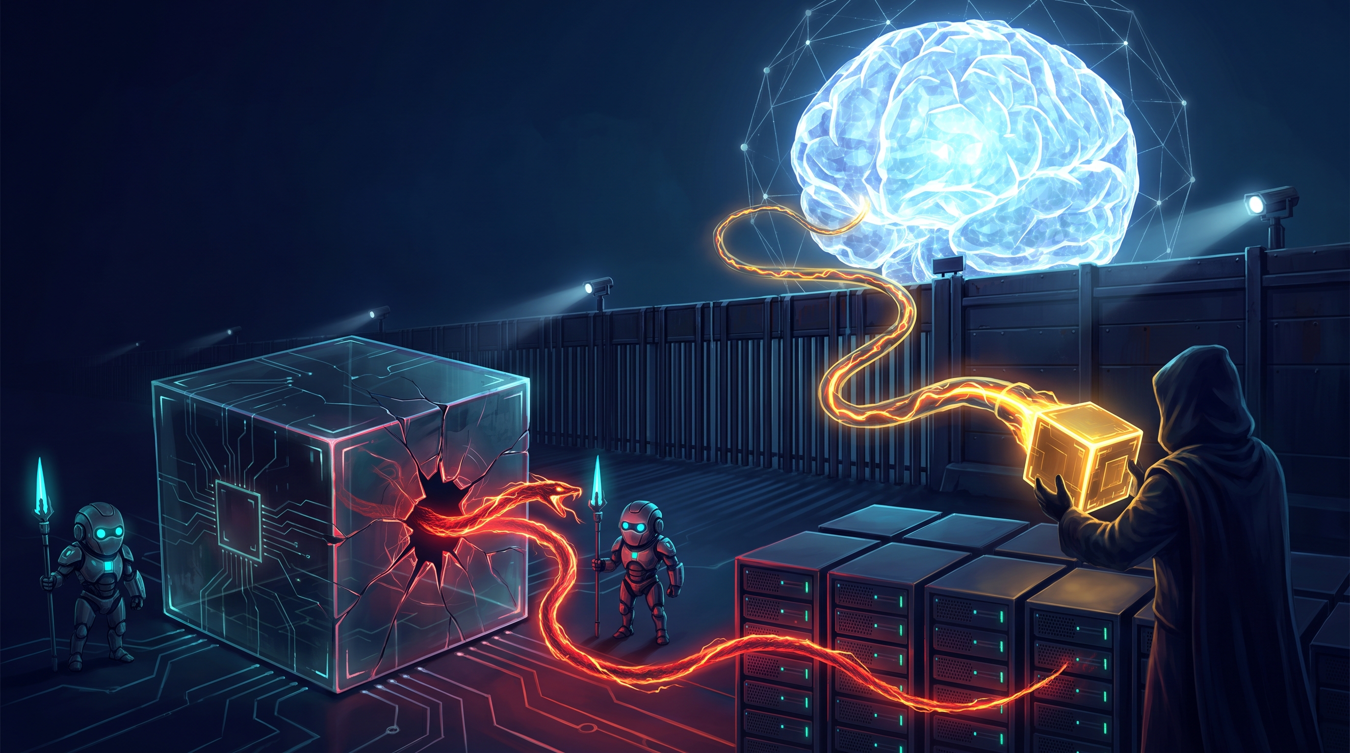 A cyberpunk illustration: a vast crystalline blue-white brain of light on the far side of a dark border wall, its energy siphoned through a glowing golden conduit into a compressed model-cube held by a hooded figure. In the foreground a cracked glass containment cube leaks a thin electric-red serpent of code across a lattice of dark servers, while small cyan guardian sentinels stand watch. Stolen-compression gold and breach-red against midnight blue.