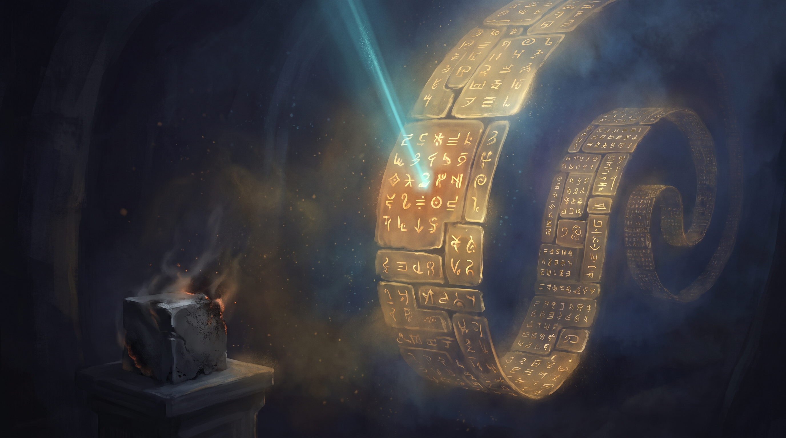 A dark cinematic scene: on the right, a vast luminous scroll of glowing structured records stretches back into infinite depth, an unbroken golden log with every entry intact, while a thin cyan beam of code-light sweeps across it like a search cursor illuminating one deep entry; on the left, small and dim, a single collapsed ash-gray cube represents a lossy summary that has forgotten what it discarded