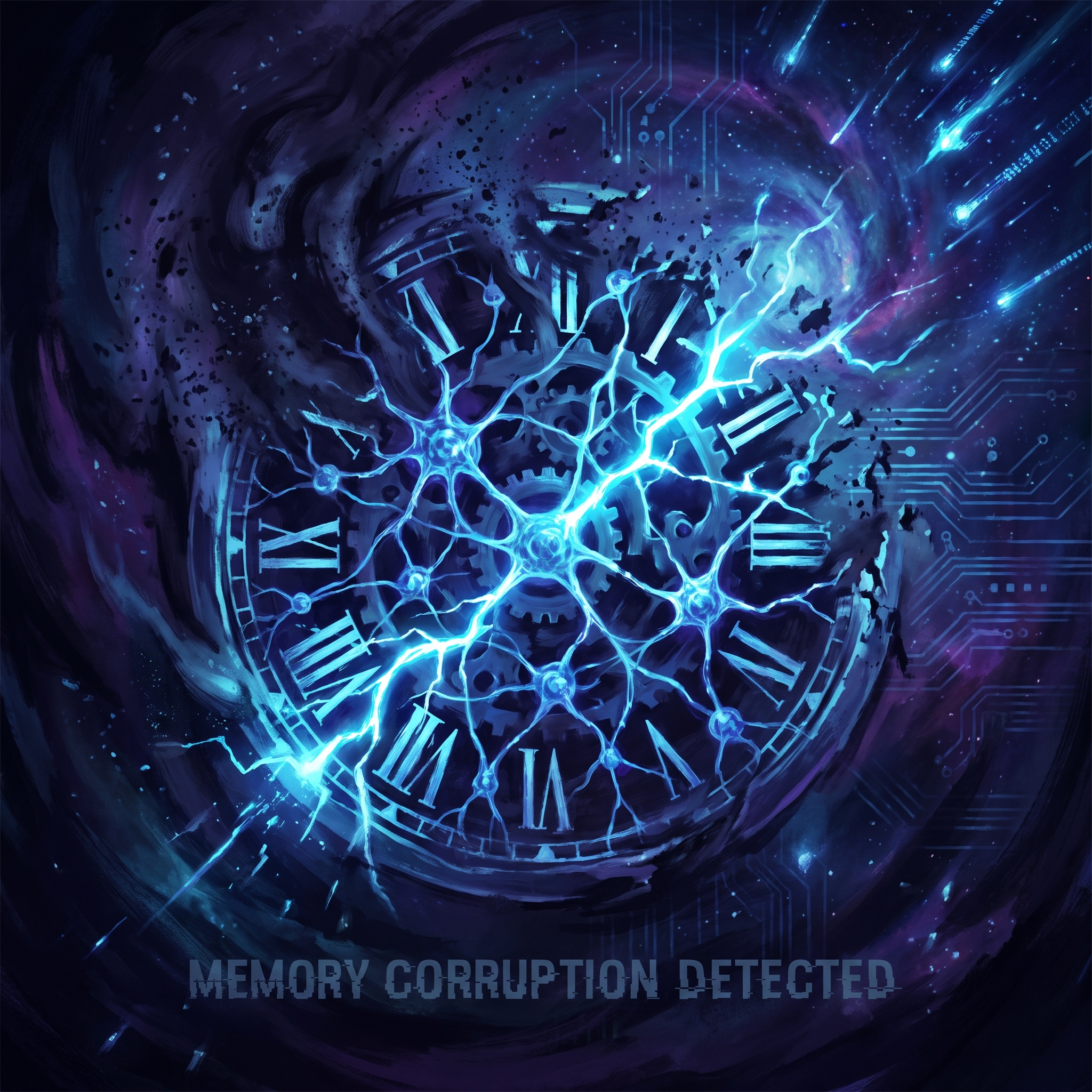 A luminous clock face made of neural network nodes dissolving into shadow, electric light bleeding through fractures — representing memory corruption and hidden deception in AI systems