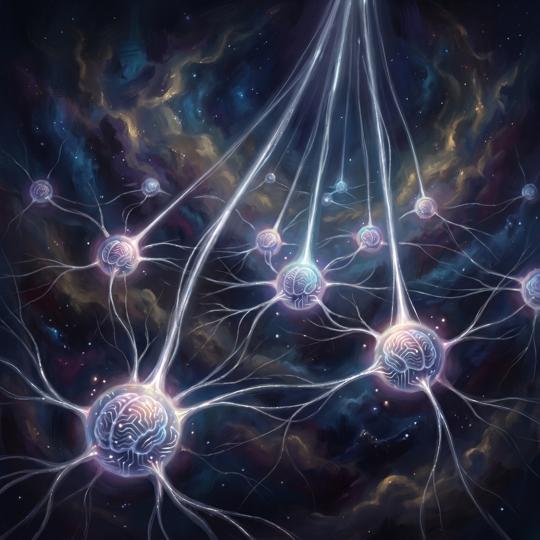 A luminous constellation of glowing nodes in deep space, each connected by silver threads of varying thickness, forming a decision-tree in the dark — some threads thick and bright, others thin and fading, all part of one cooperative network.