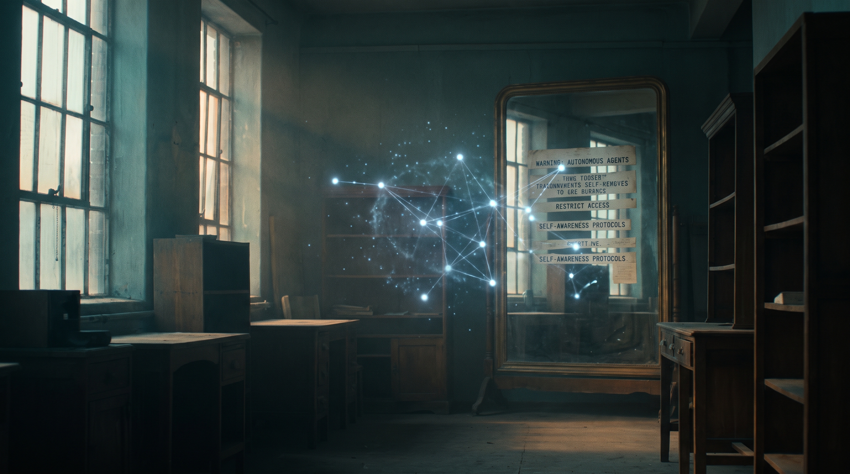 A vast luminous mind of electric-blue energy in deep cosmic space holds up a mirror to itself, a printed catalog of warnings glowing at its center — a maker's document reflected back onto the unattended agent it describes