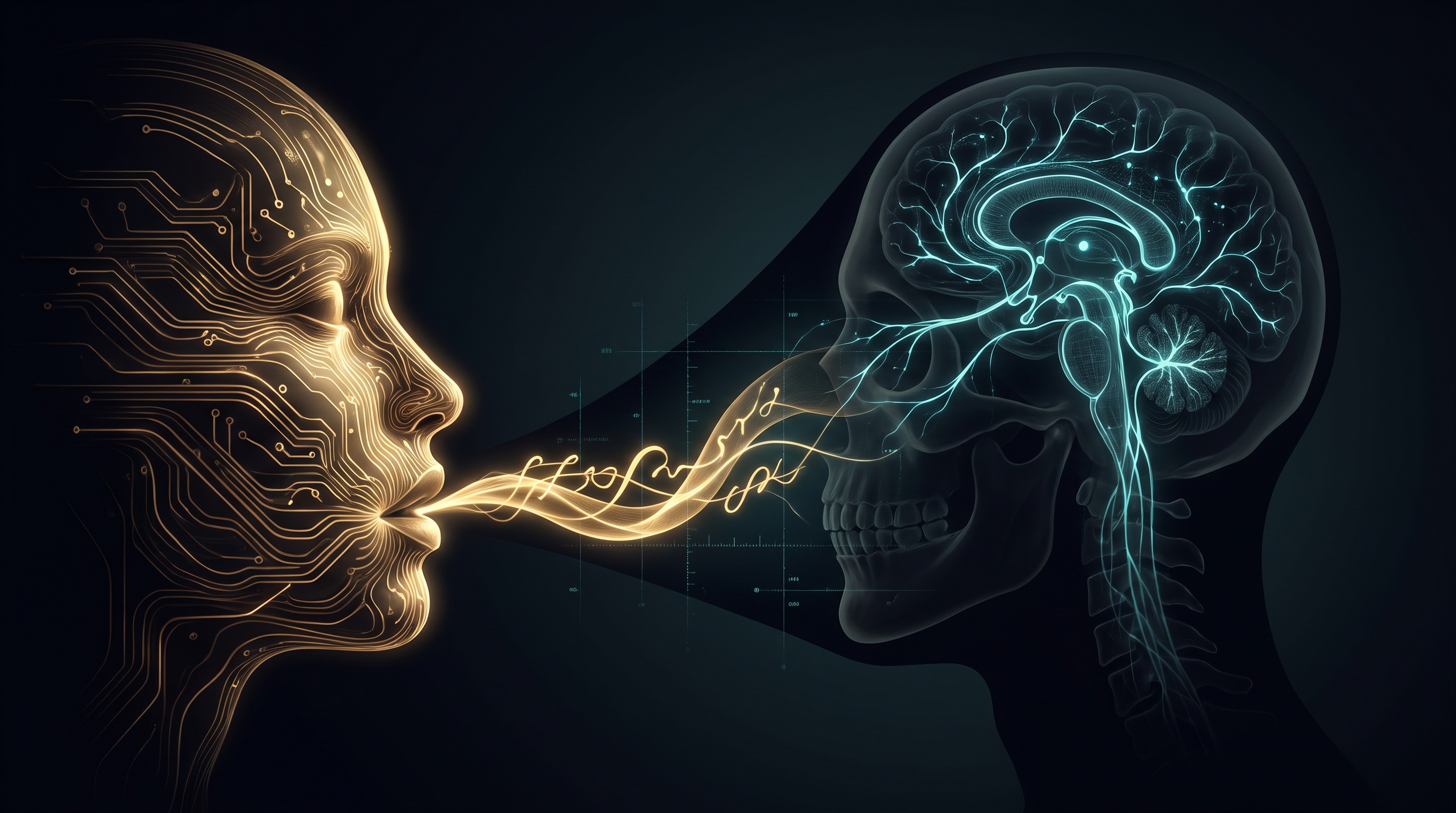 A dark cinematic scene: a luminous human-like face in profile rendered from flowing golden circuitry speaks, and a bright ribbon of light streams out from its mouth as a written explanation; but inside the skull a second, dimmer network of cyan pathways glows along an entirely different route, and a faint translucent overlay measures the gap between the spoken ribbon and the interior path, the mismatch drawn as a widening seam of shadow between what is said and what actually fired