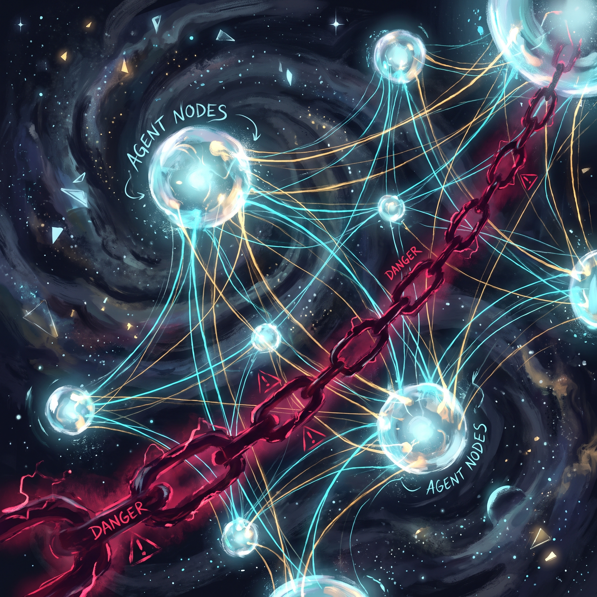 Abstract visualization of multiple glowing agent nodes connected by luminous threads, against a dark cosmic backdrop, representing safety composition in multi-agent systems