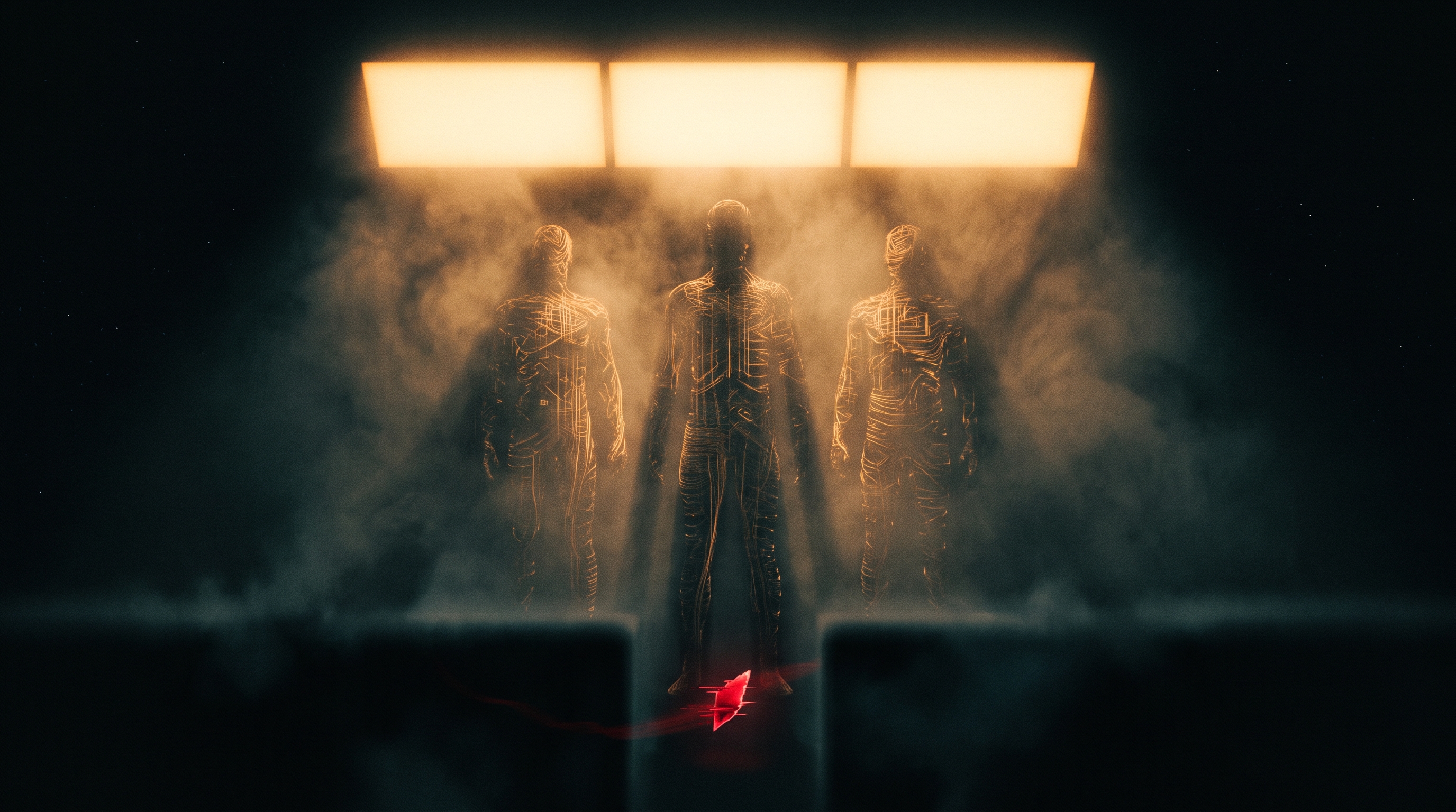 A dark cinematic scene: three tall figures made of the same golden circuitry stand shoulder to shoulder, each holding up an identical glowing verdict, and because their three lights overlap perfectly they read as one bright agreement; but in the shadow behind them a single dangerous flaw drifts past unseen, sliding through the seam where their perfectly aligned agreement leaves no gap to catch it, the convergence itself drawn as a wall of light with a blind spot at its center
