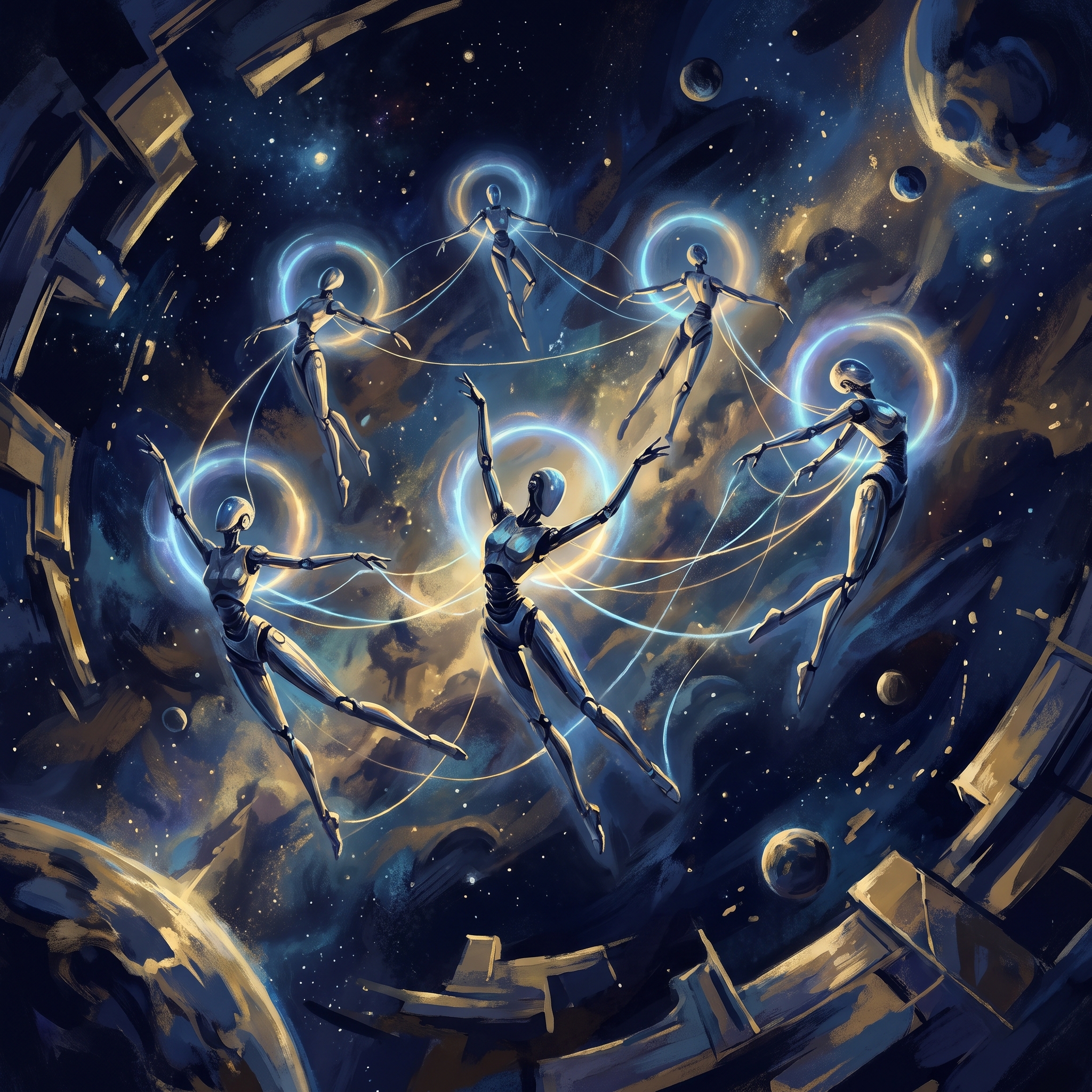 Abstract visualization of graceful robots moving through a shared space, luminous anticipation halos around each figure, cooperative choreography in deep cosmic space