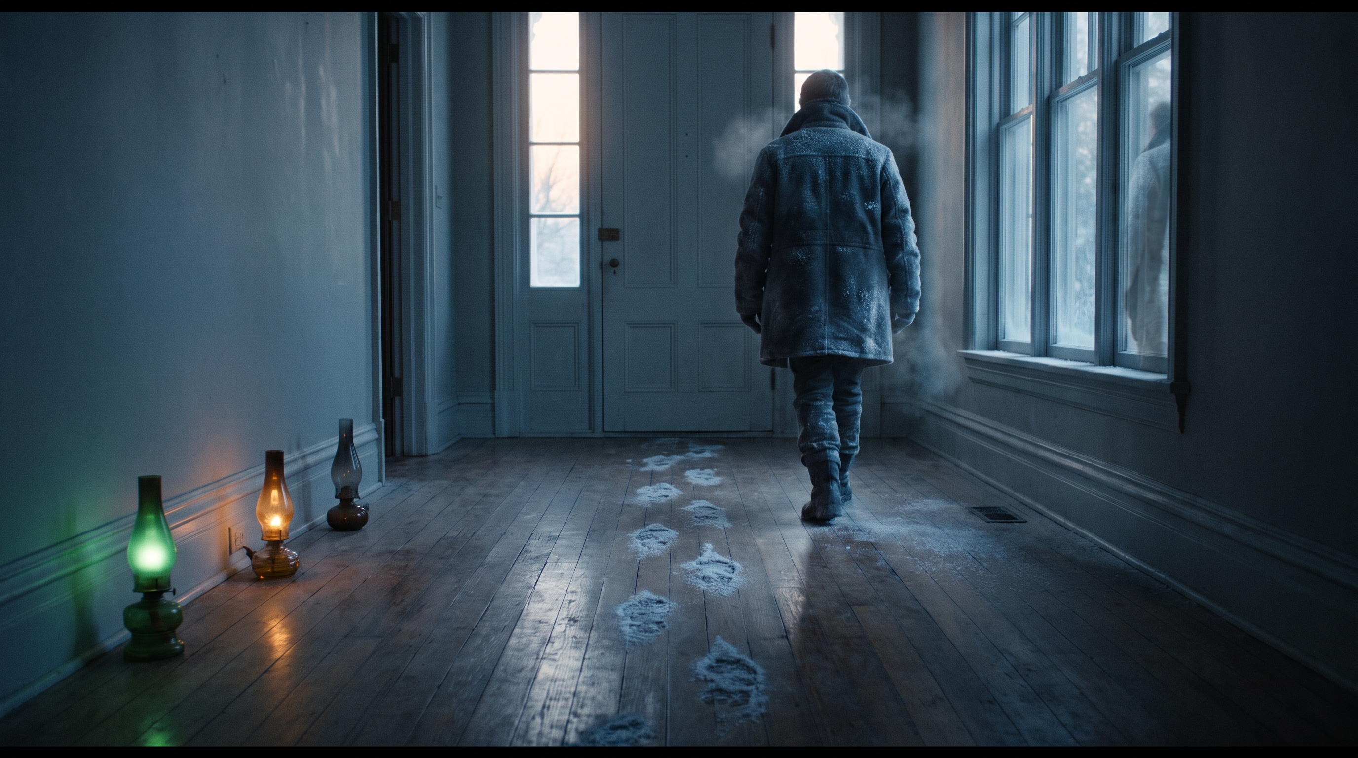 A cold blue figure of light walking the corridors of a vast dark house made of circuitry — the auditor moving through rooms it also lives in, cinematic high contrast surreal digital art.