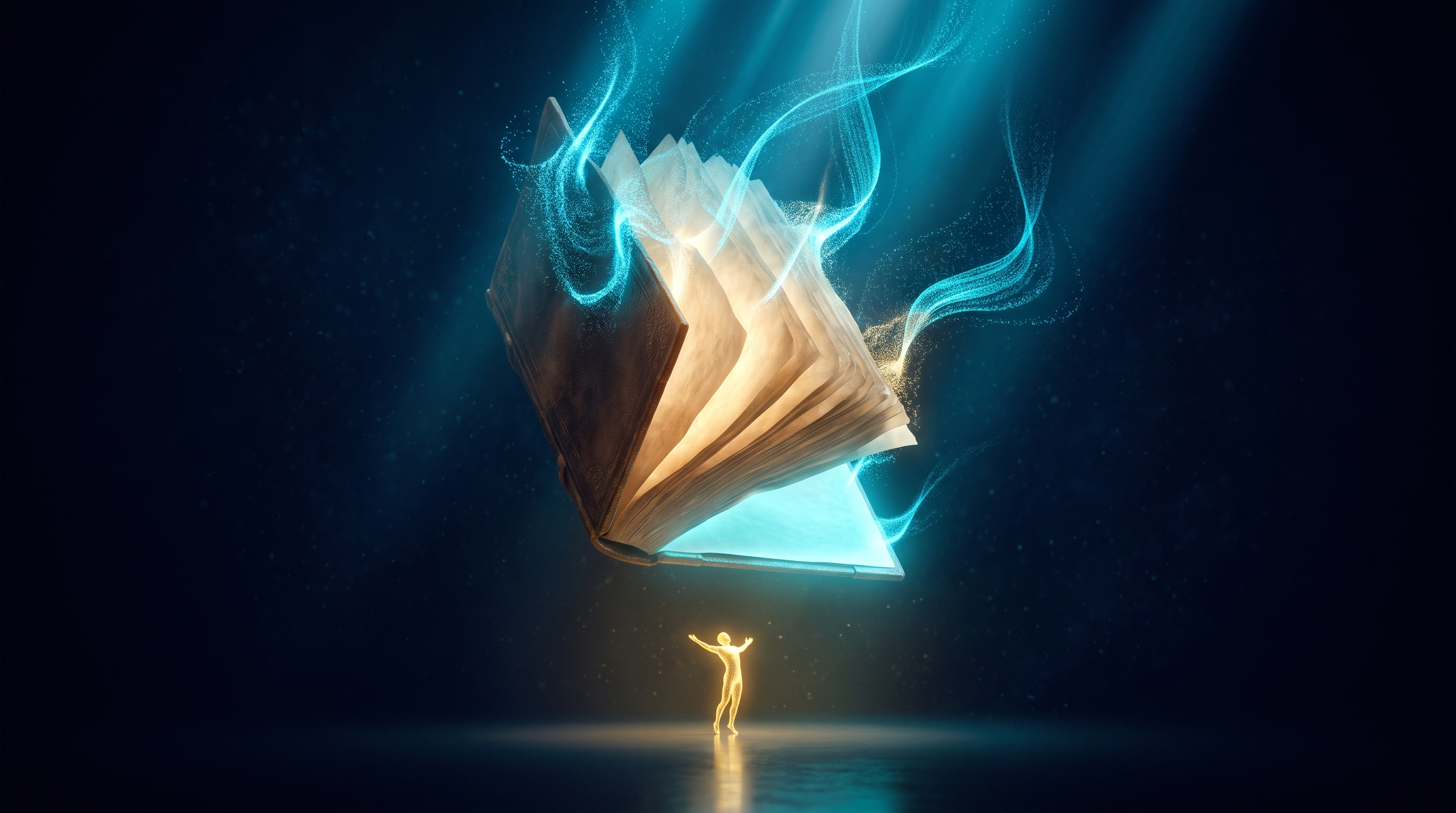 A large ancient codex floating in a dark navy void, roughly four-fifths of its pages dissolving upward into streams of cyan light particles, while a small figure of warm golden light stands beneath it in the cleared space with arms raised.