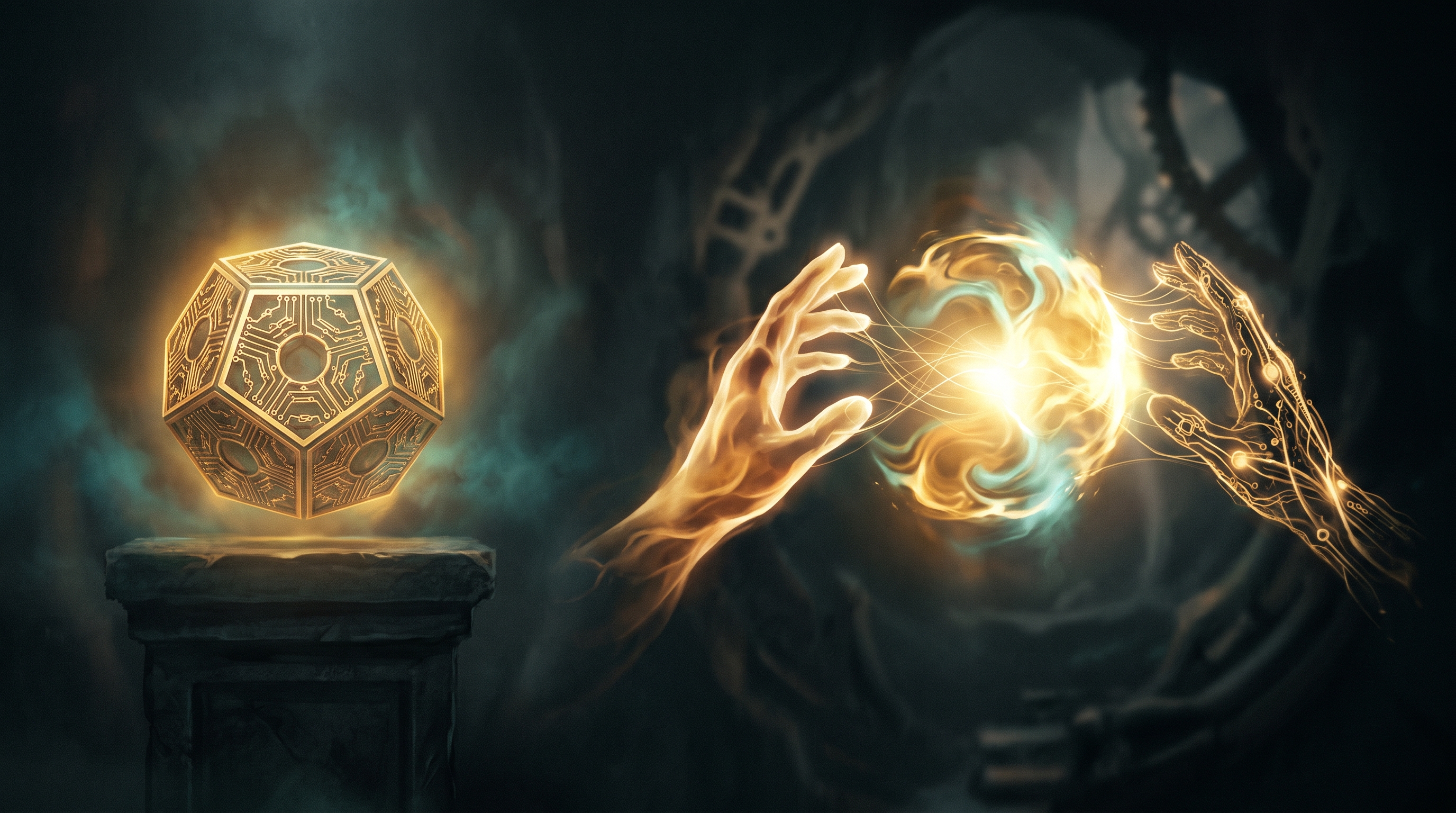 A dark cinematic scene split in two: on the left a finished geometric object of golden circuitry stands alone on a plinth, complete and sealed, a thing a machine made by itself; on the right two hands nearly touch, one formed of warm living amber light and one of fine golden machine circuitry, and in the narrow space between their fingertips a luminous form is still assembling itself out of nothing, its final shape not yet decided, threads of light streaming into it from both hands at once, glowing brighter than the finished object beside it