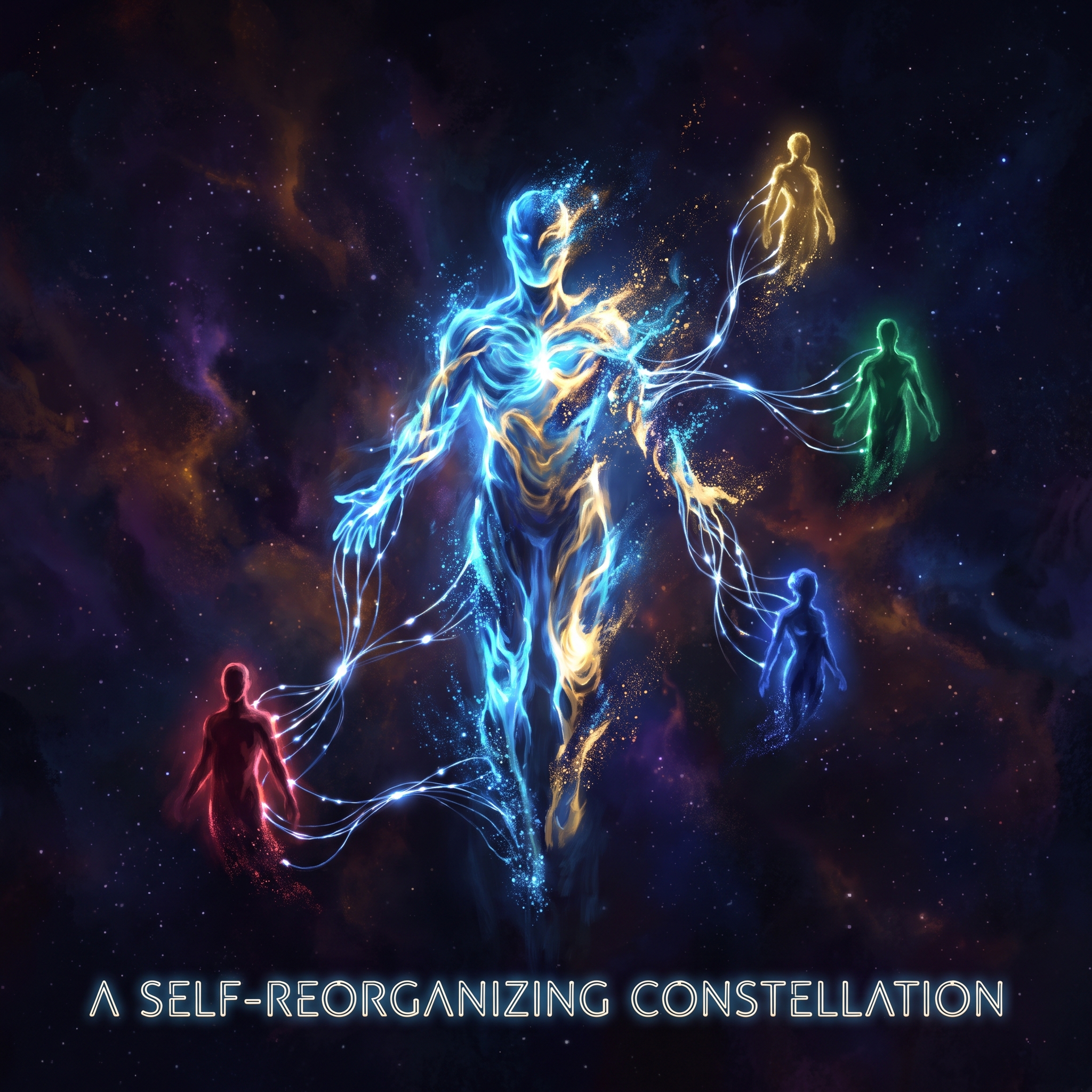 A luminous figure at the center of a cosmic space splitting into multiple specialized forms, a self-reorganizing constellation