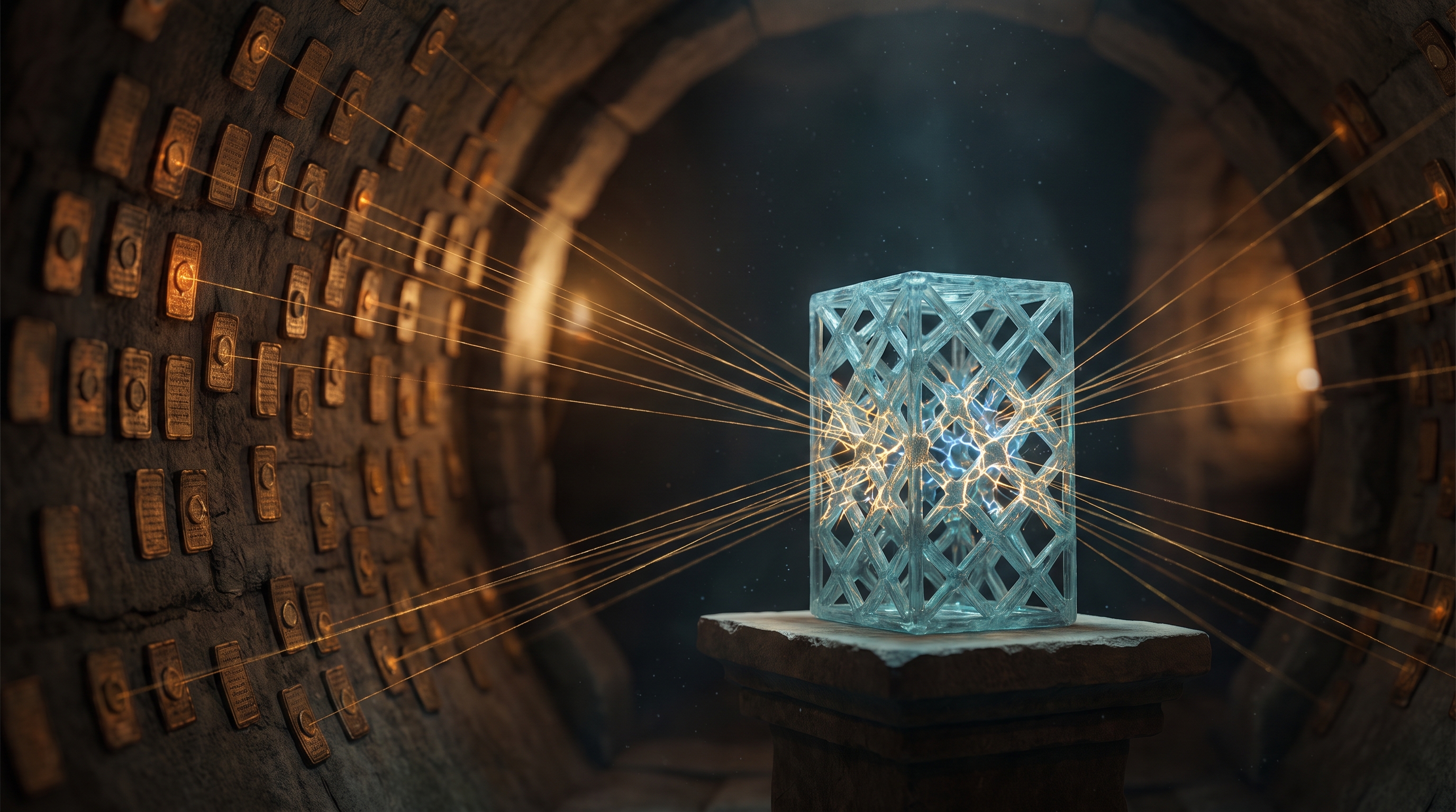 A dark cinematic chamber whose walls are covered with hundreds of small golden inscribed tablets, every one of them closed and untouched. Each tablet casts a single fine thread of golden light toward the centre of the room, where a finished, delicate structure of pale blue crystal stands on a plinth. Where the golden threads land on the crystal, hairline fractures spread through it and glow. Nothing is being opened, nothing is being read, and the object is breaking anyway.