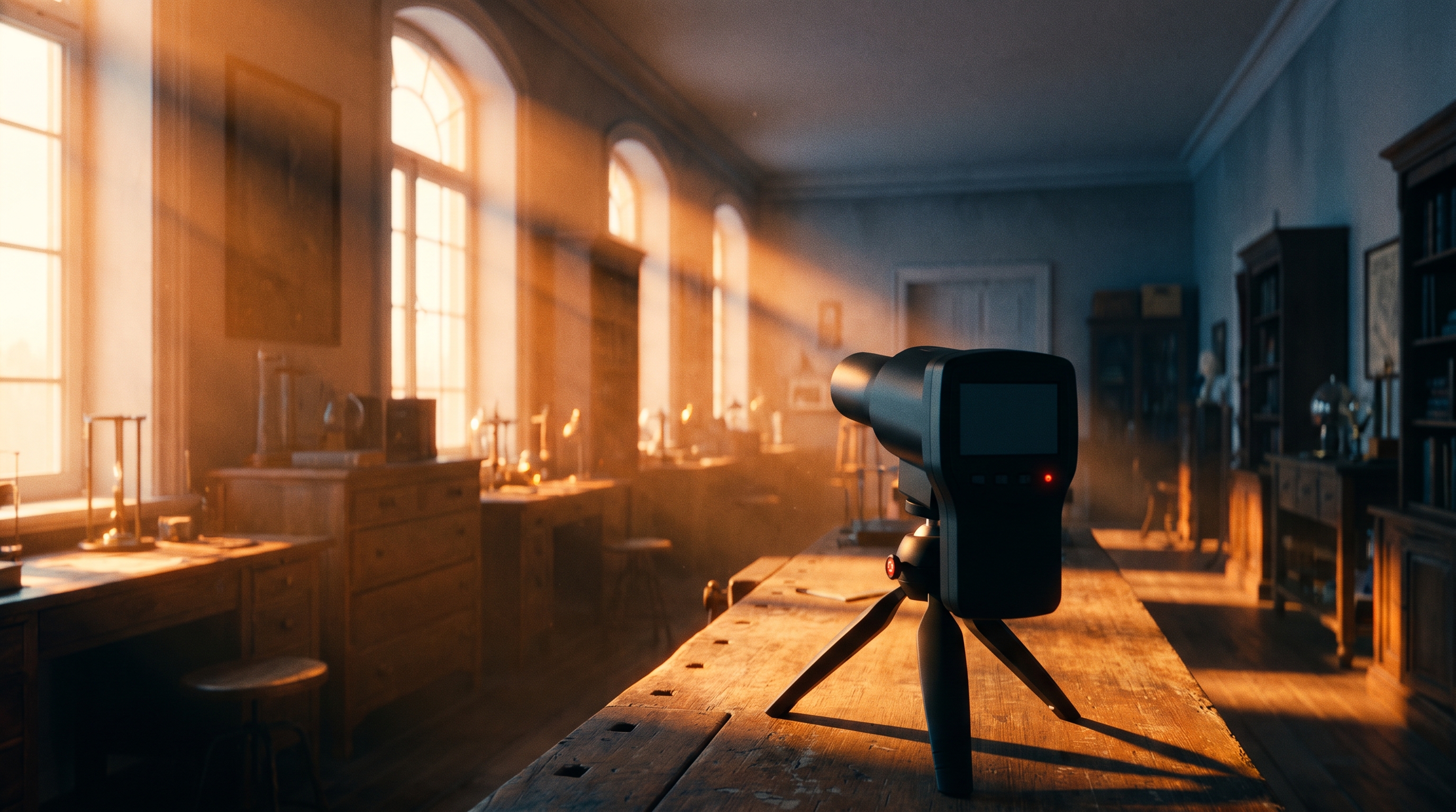 A vast luminous hall blazing with light while a small dark sensor probe sits blind in the foreground, its indicator dead — cinematic high contrast surreal digital art.