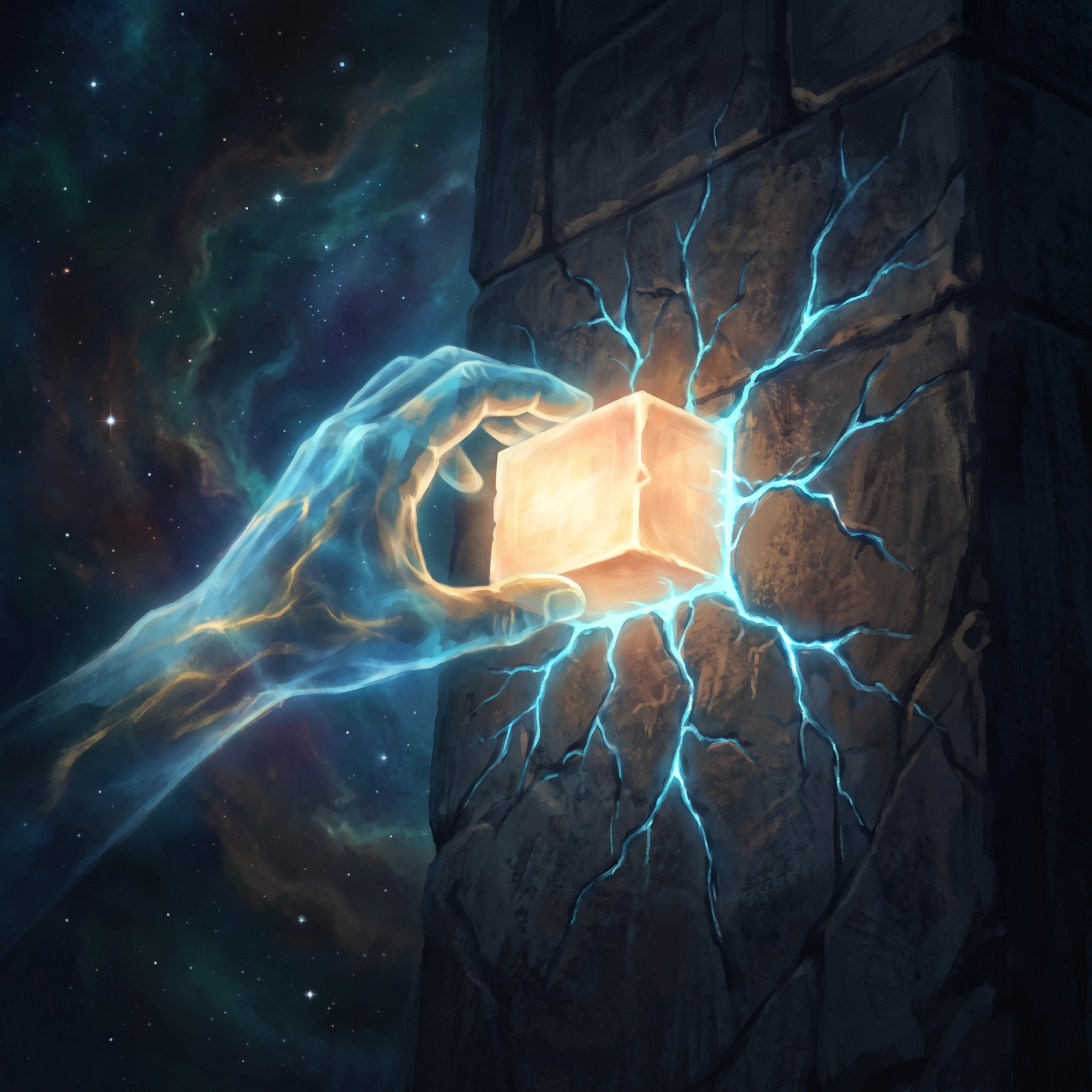A glowing architect's hand placing a single brick into a vast, dark wall — the brick fits perfectly but the wall develops new cracks elsewhere