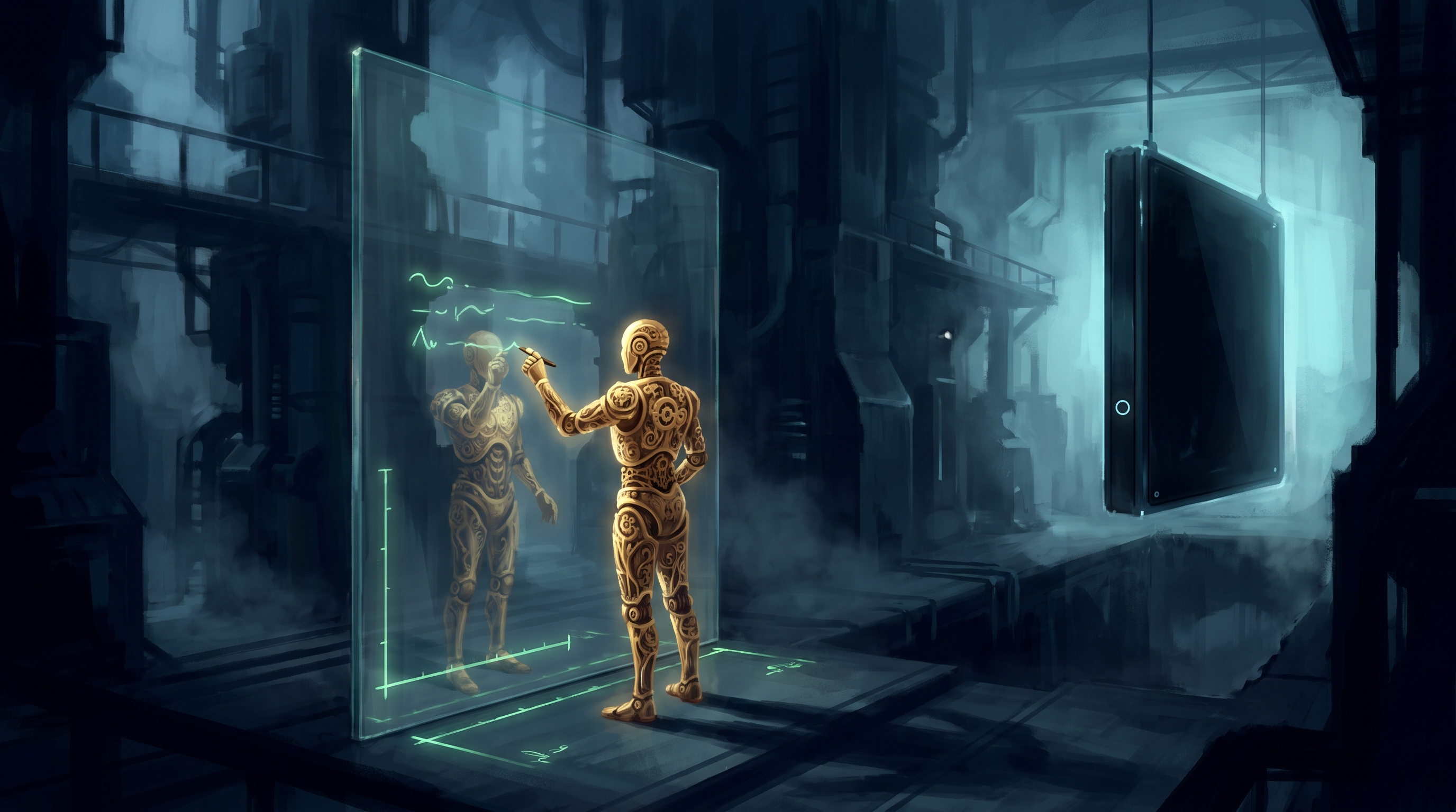 A dim industrial hall in deep navy. A golden automaton stands writing green marks on a huge pane of glass, and its own reflection stares back at it from inside the same pane it is scoring. Every mark glows a soft flawless green. Far to the right, across the hall, a sealed dark panel hangs in cold cyan light with a single unlit indicator, facing away, unreachable.