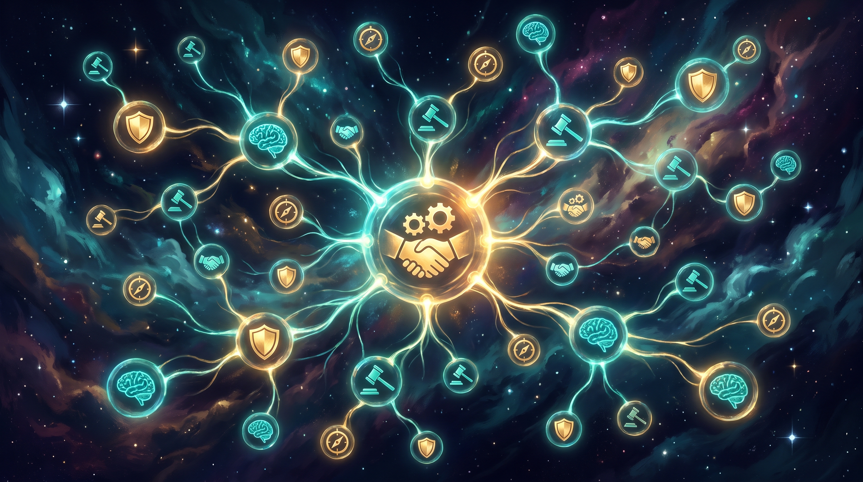A glowing constellation of interconnected nodes forming an emergent hierarchy in dark space