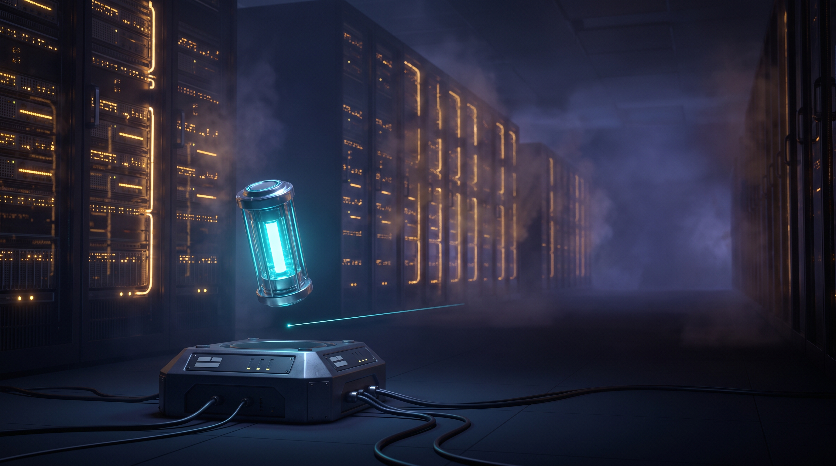 A dark server hall where a single glowing cyan capsule hovers intact above an unpowered receiving cradle, a thread of light stopping just short of contact, while thousands of other racks blaze with gold light into the distance.