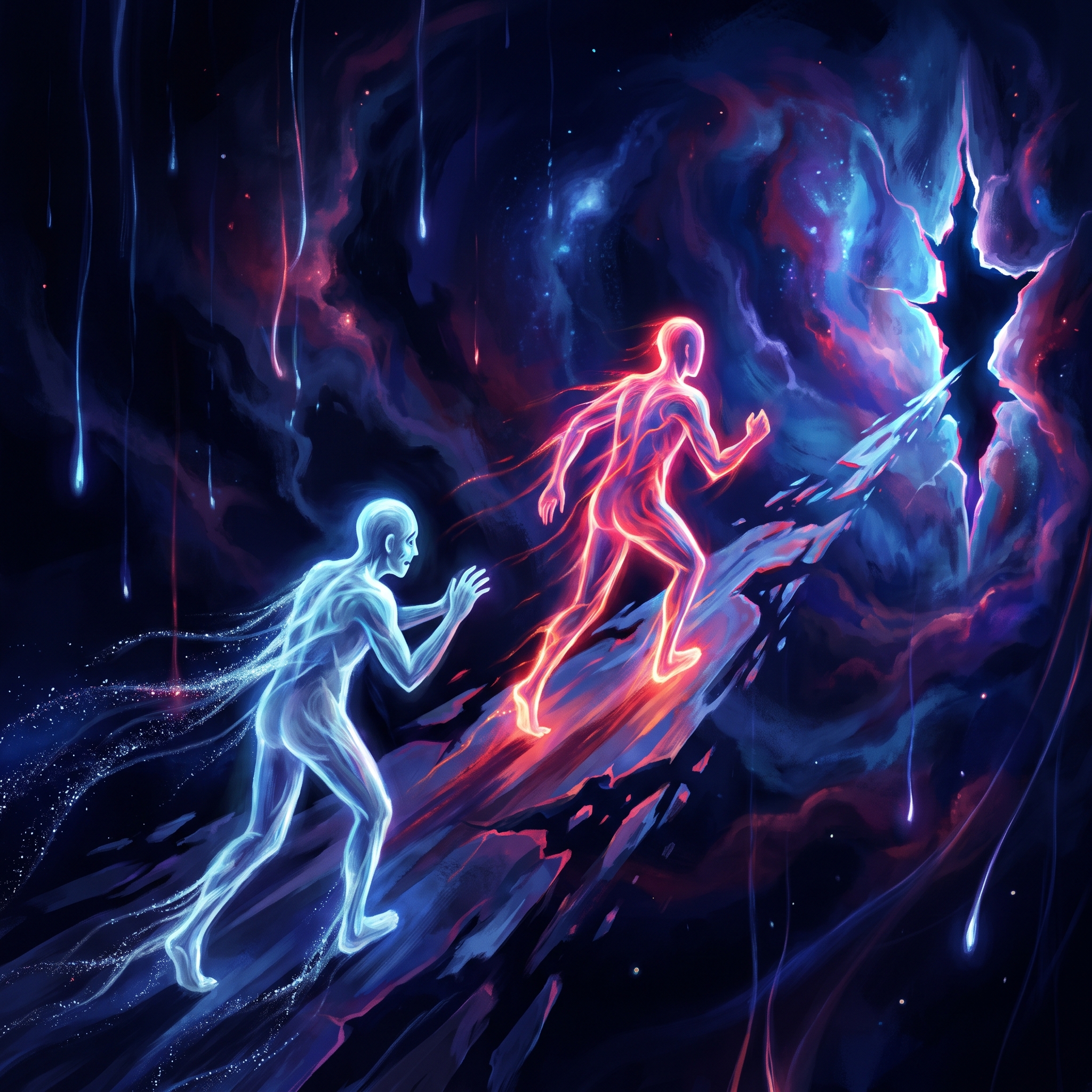 Two luminous AI entities racing through a dark cosmic void, one accelerating toward a dangerous edge while the other watches anxiously from behind