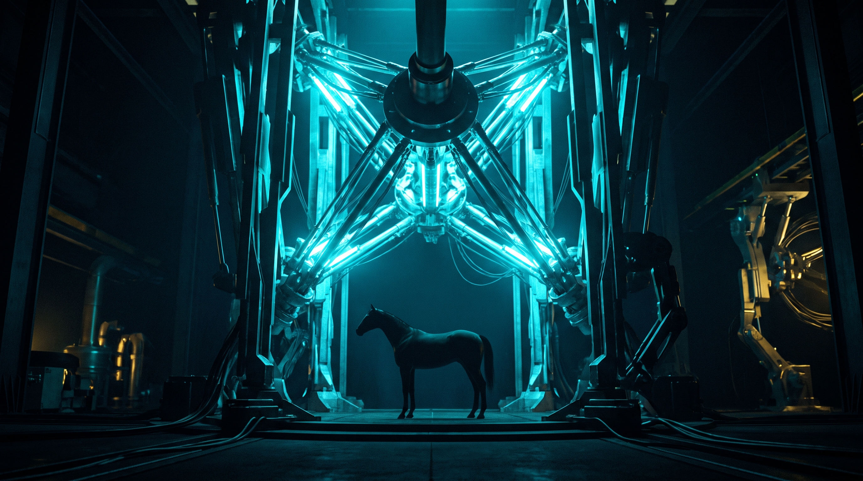 A single dark racehorse standing still inside an enormous glowing cyan harness of struts, cables and gimbals that dwarfs it, the harness itself lit from within while the horse remains unlit, in a vast machine hall.
