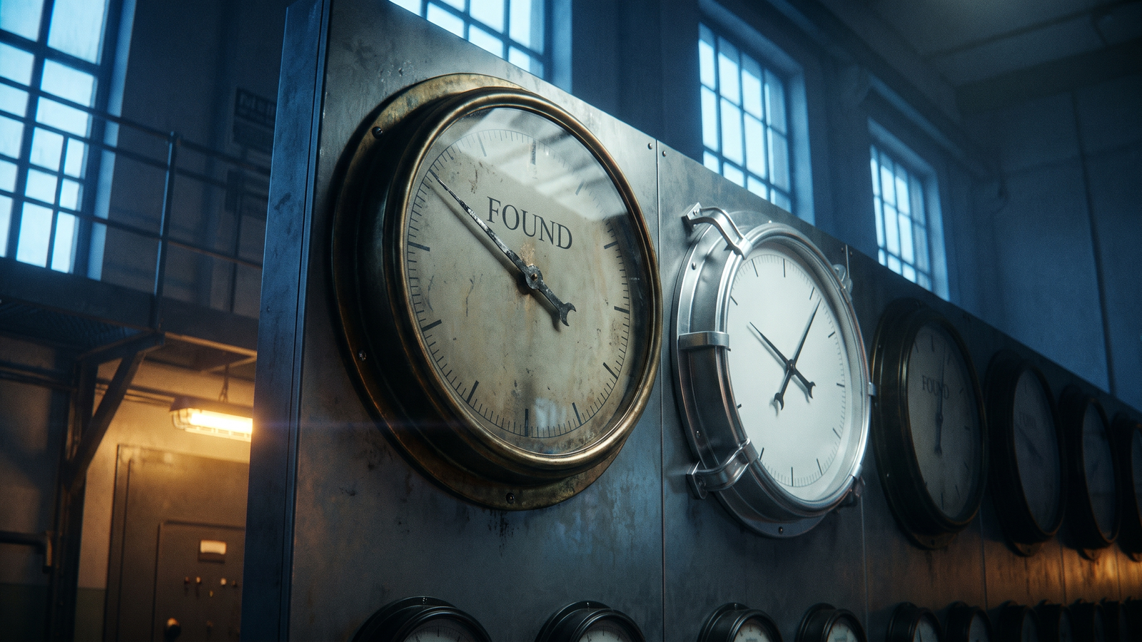 A colossal instrument of glowing brass and electric blue light suspended in deep space, its single needle pinned hard to one end of the dial with no path back — cinematic high contrast surreal digital art.