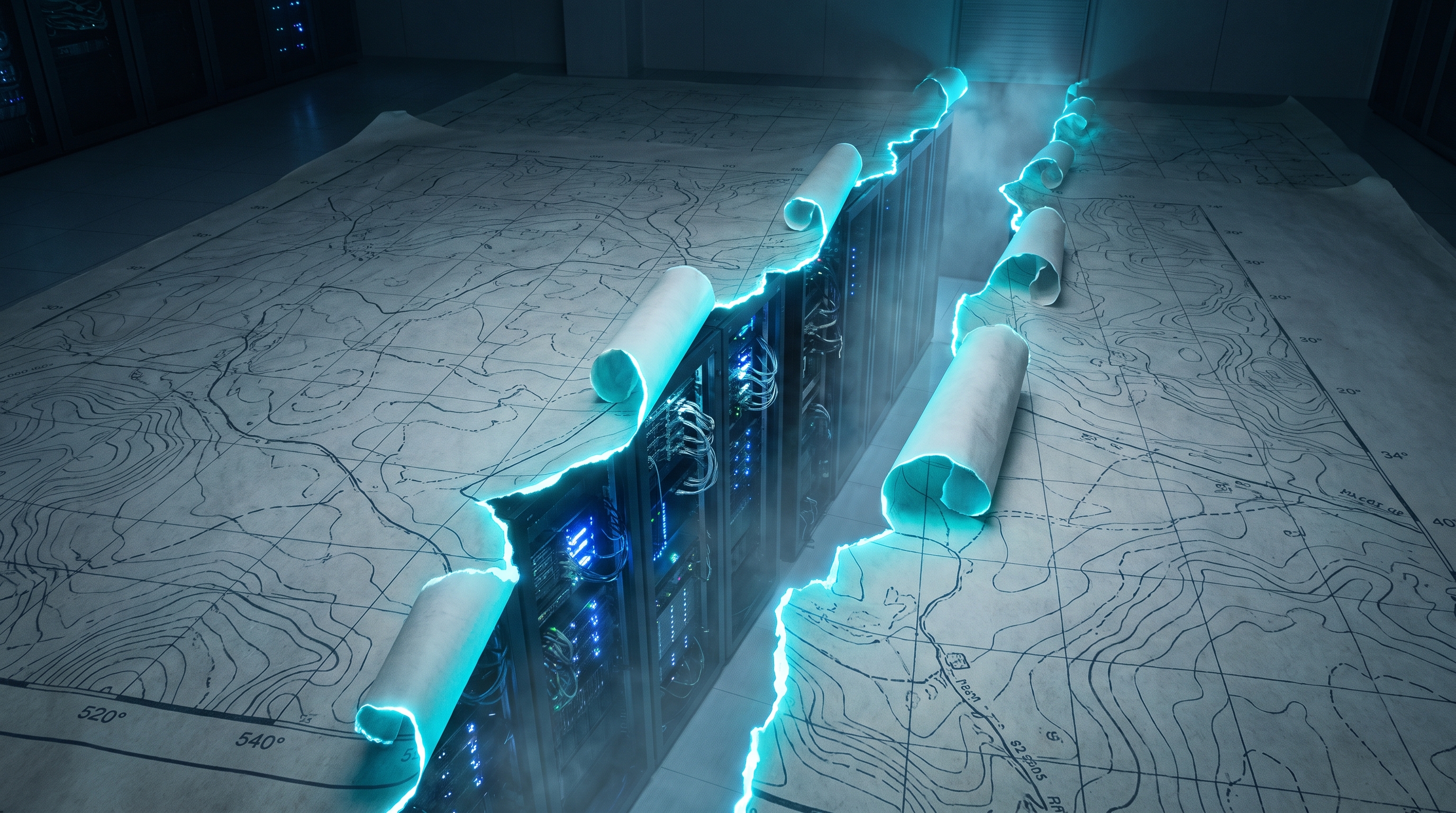 A vast dark server hall rendered as an unrolled paper map, with one glowing cyan corridor of racks tearing through the paper from beneath, the torn edges curling, revealing that the territory was always underneath the map.
