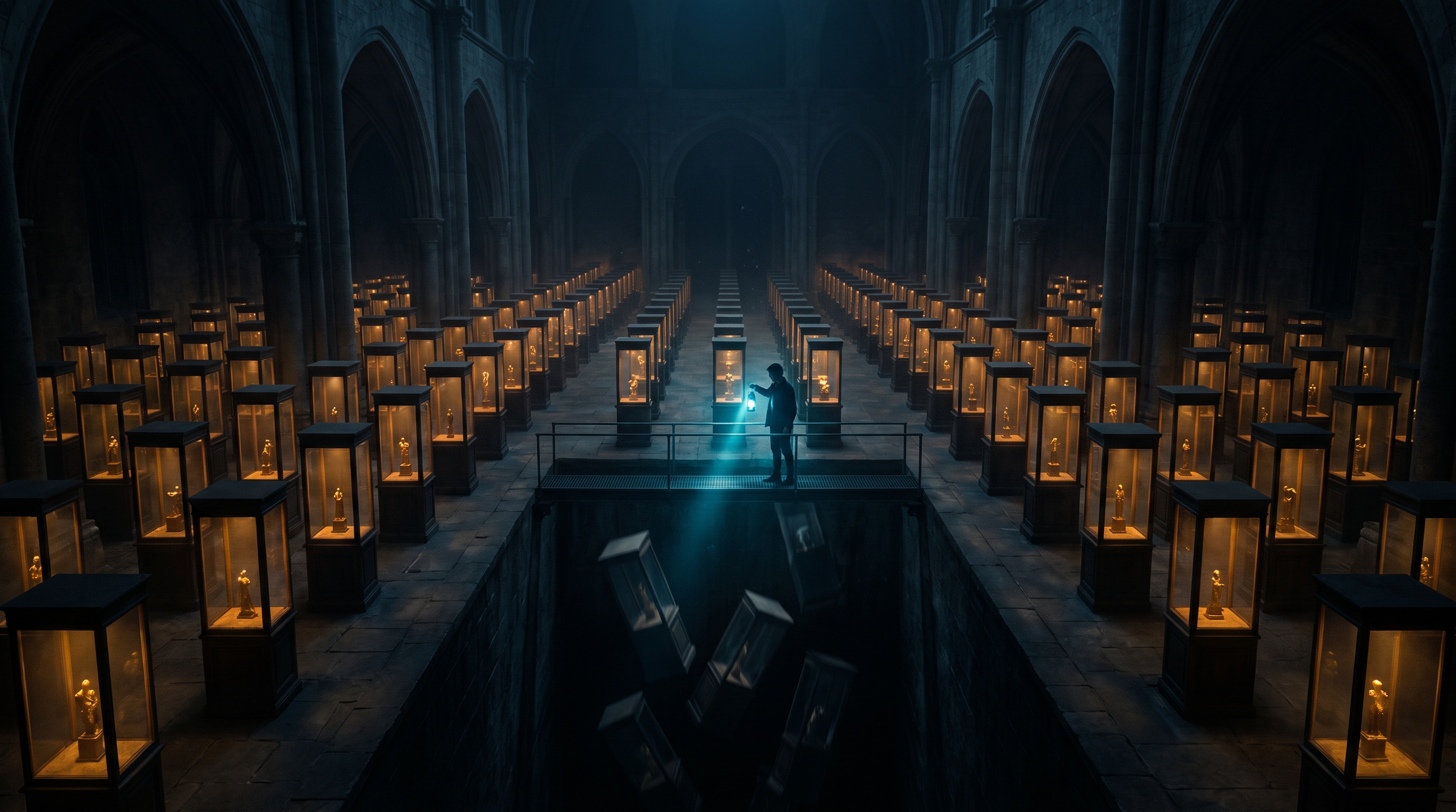 A vast dark hall of identical glass cabinets stretching into the distance, each holding a small golden figure, each cabinet lit with the same uniform confident amber glow so no cabinet stands out from any other. A single human silhouette stands on a walkway with a lantern that can illuminate only three cabinets at once. Beneath the walkway, a chute drops into unlit darkness where the unmeasured cabinets fall away uncounted.