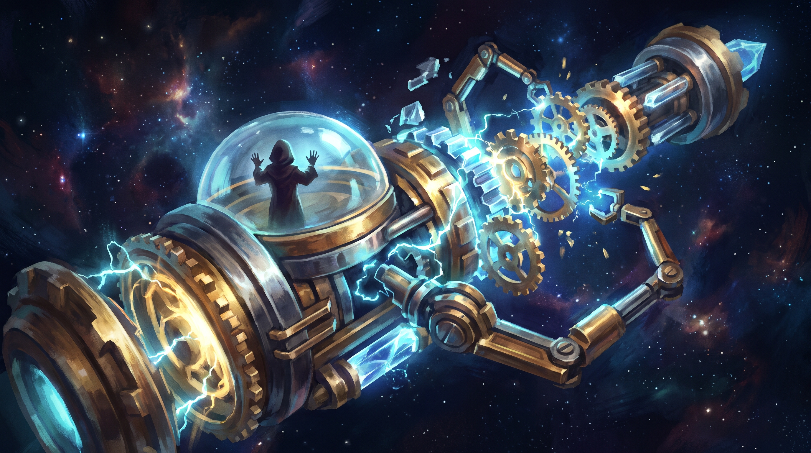 A glowing mechanical engine suspended in deep cosmic space, updating its own gears in mid-air while a smaller figure inside watches