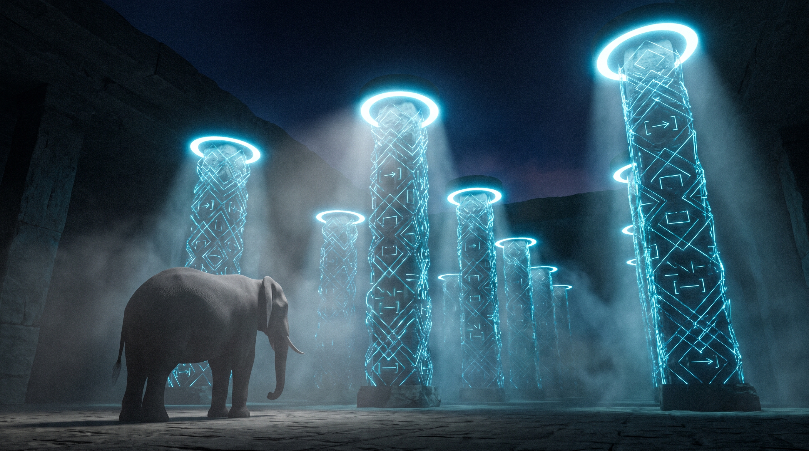 A dim stone hall filled with towering columns of glowing cyan formal notation, each crowned with a bright ring of light marking it as verified. In the foreground an elephant stands in the mist, grey and unlit, in the place where another column should be — the only thing in the hall without a seal.