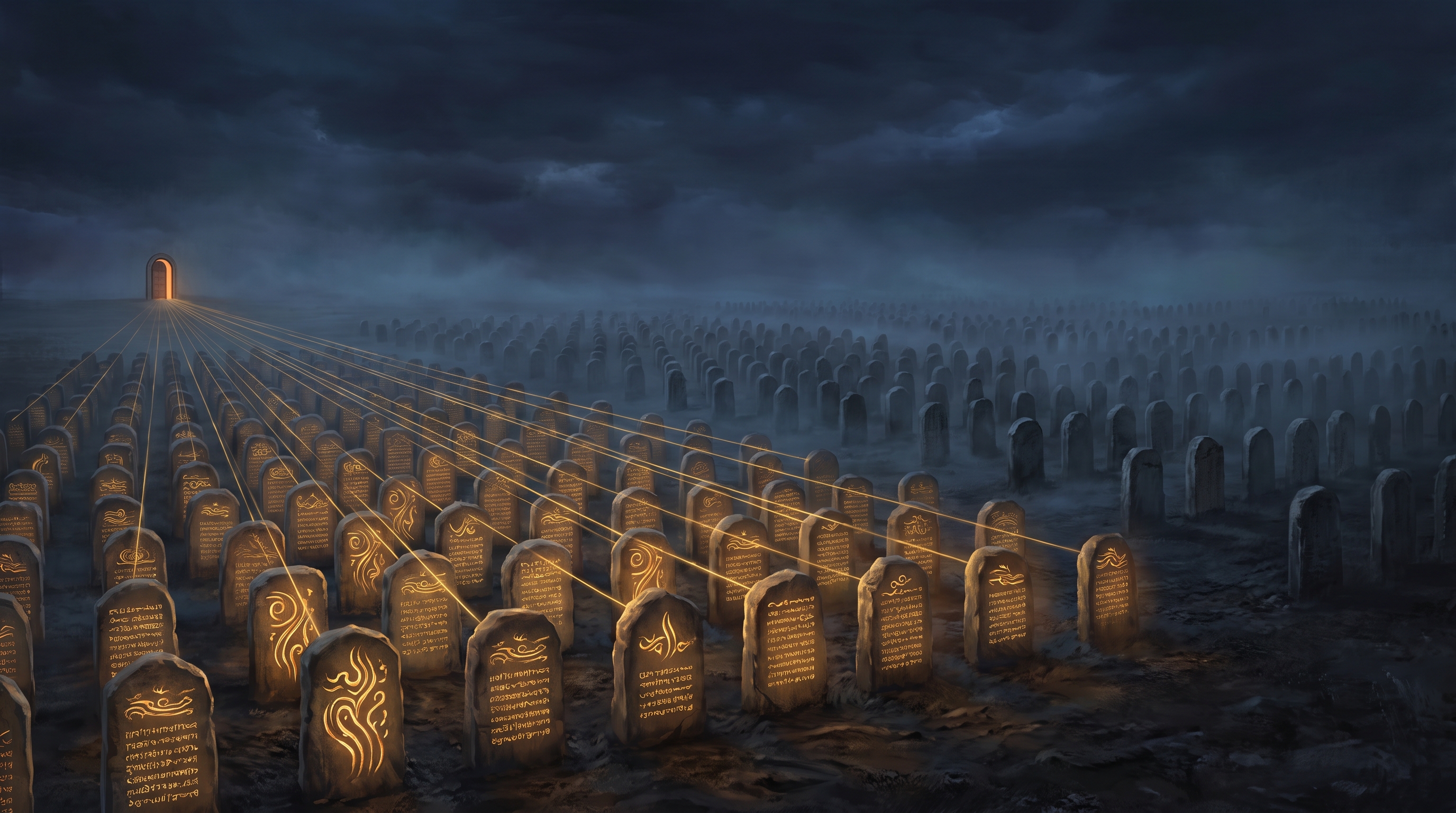 A vast dark field under heavy night cloud, planted in long receding rows of rounded-top carved stone tablets. The tablets in the foreground are densely inscribed with glowing amber script, and thin golden threads run out of them across the field toward a single small lit doorway on the far left horizon. Deeper into the field the rows multiply and thicken into fog, but those tablets are blank and unlit and no threads leave them. The unlit rows vastly outnumber the glowing ones and stretch past the edge of the frame.