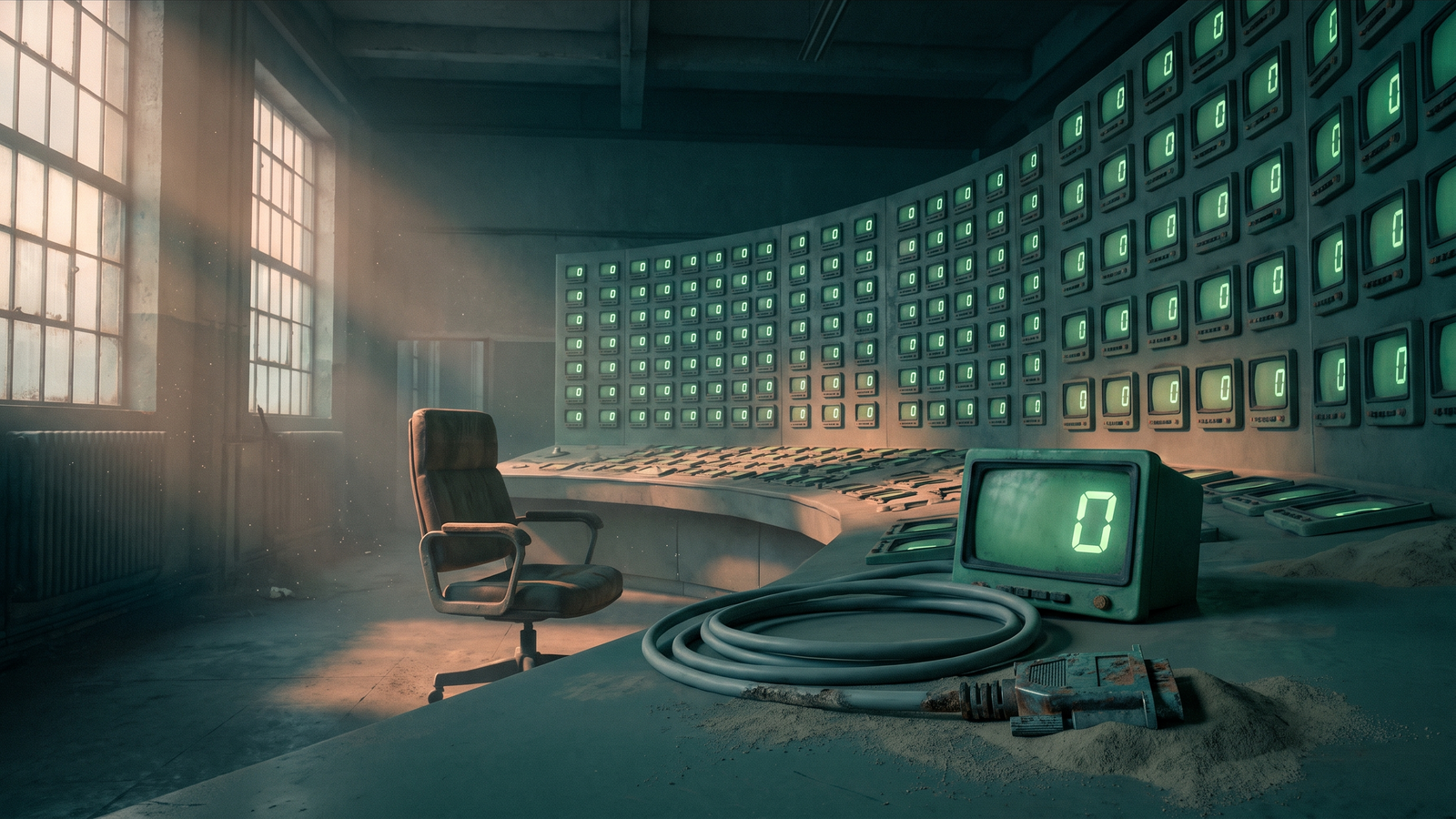 A vast array of glowing instrument dials in deep space, every needle frozen on green while the darkness behind them holds an unseen fault — cinematic high contrast surreal digital art in electric blue and gold.