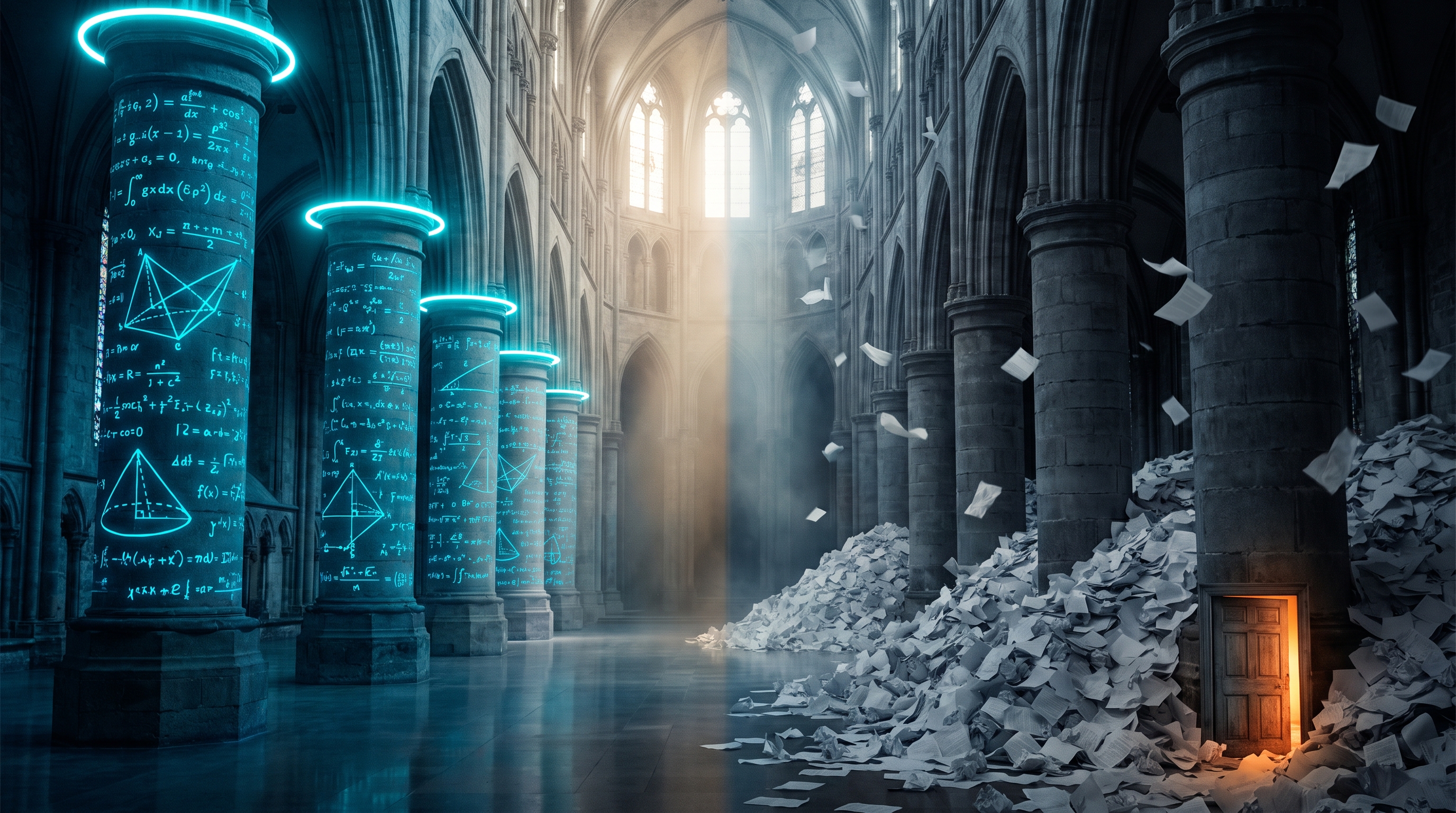A vast dark hall in two halves. On the left, columns of glowing cyan notation each sealed with a bright verified ring. On the right, the same columns unlit and unsealed, papers drifting in heaps at their base, a single small door shut against the pile.