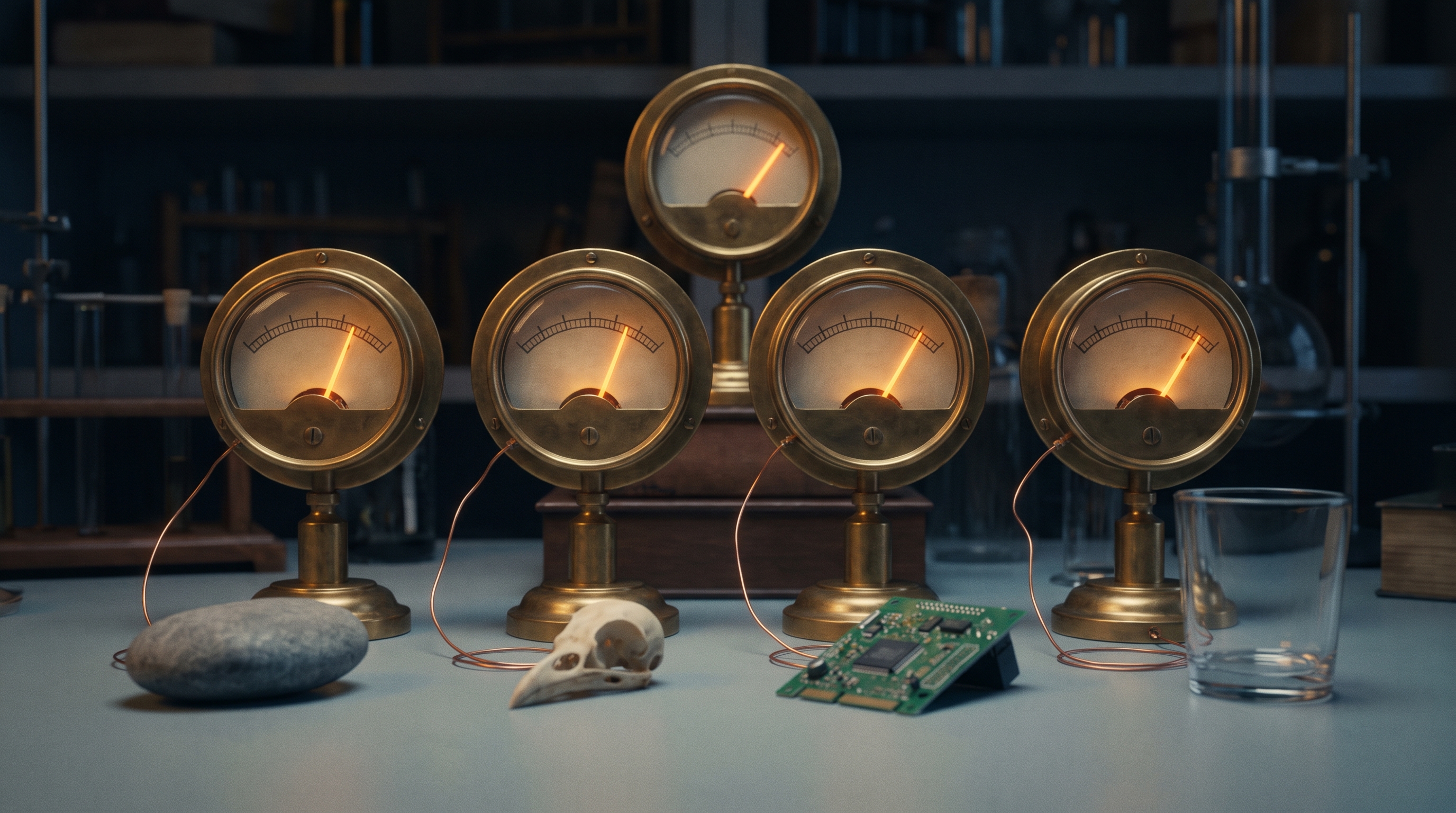 A dim laboratory bench holding a row of identical brass measuring dials, each wired to a different object: a smooth grey river stone, a small bird skull, a folded circuit board, and a plain drinking glass. Every needle rests at almost the same high reading. Behind them, out of focus, one further dial is wired to nothing at all and reads the same.
