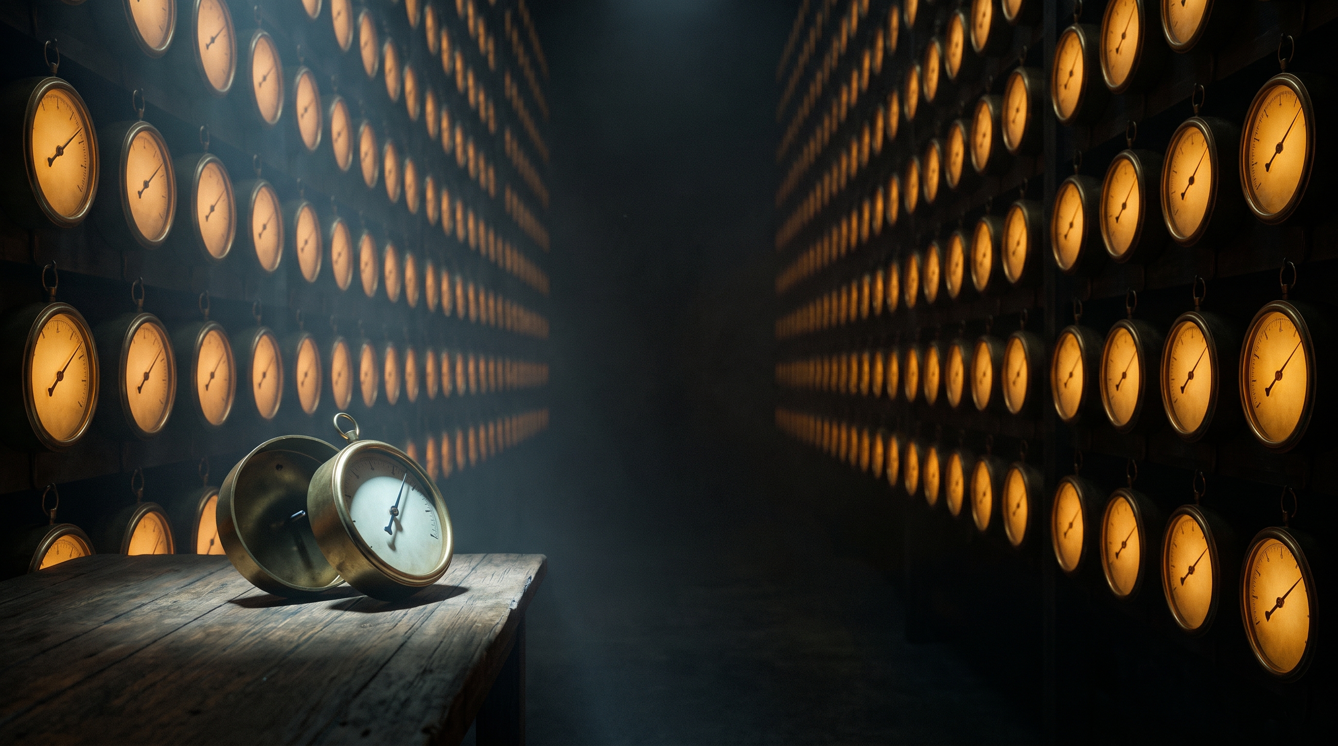 A long dark hall lined on both walls with hundreds of identical antique brass dials receding into shadow, every needle pinned at the same reading and glowing the same warm amber. In the foreground on a wooden bench sits one dial that has been taken down and opened, its back panel lying beside it, lit by a single cold pale-blue light.