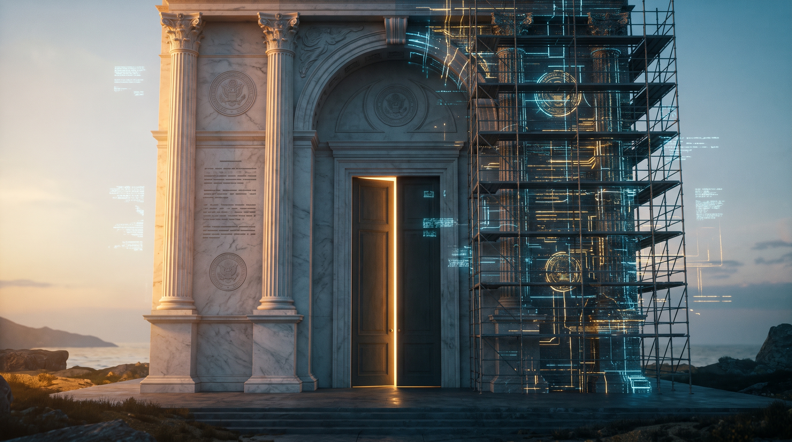 A vast luminous legal seal half-formed in deep cosmic space, one hemisphere glowing solid gold and switched on, the other still dark and unwritten, threads of electric blue data flowing into a parliament of light — cinematic high contrast surreal digital art.