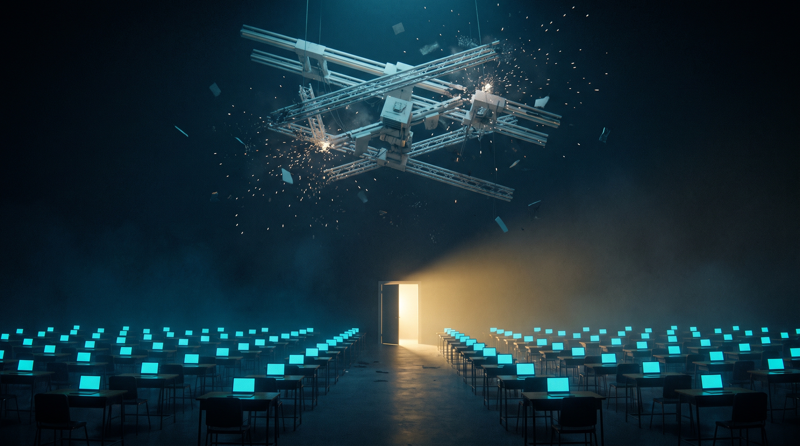 A vast darkened examination hall, hundreds of empty desks in receding rows each lit by a small glowing cyan screen. Above them an enormous scanning rig is breaking apart into sparks and drifting fragments. At the far end a single door stands open, warm gold light spilling across the floor.