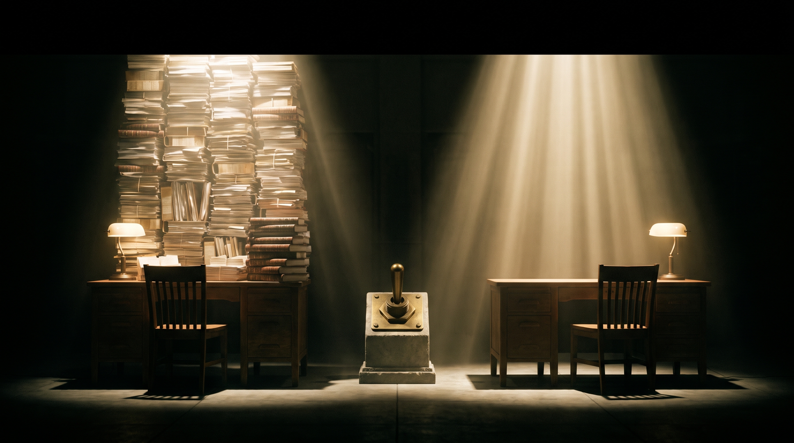 A dark laboratory chamber lit by pale amber light. Two identical desks stand side by side: the left buried under a towering accumulated column of stacked paper archives, folders and bound ledgers; the right completely bare. Between them, on a low stone plinth, a single large brass toggle switch catches the light.