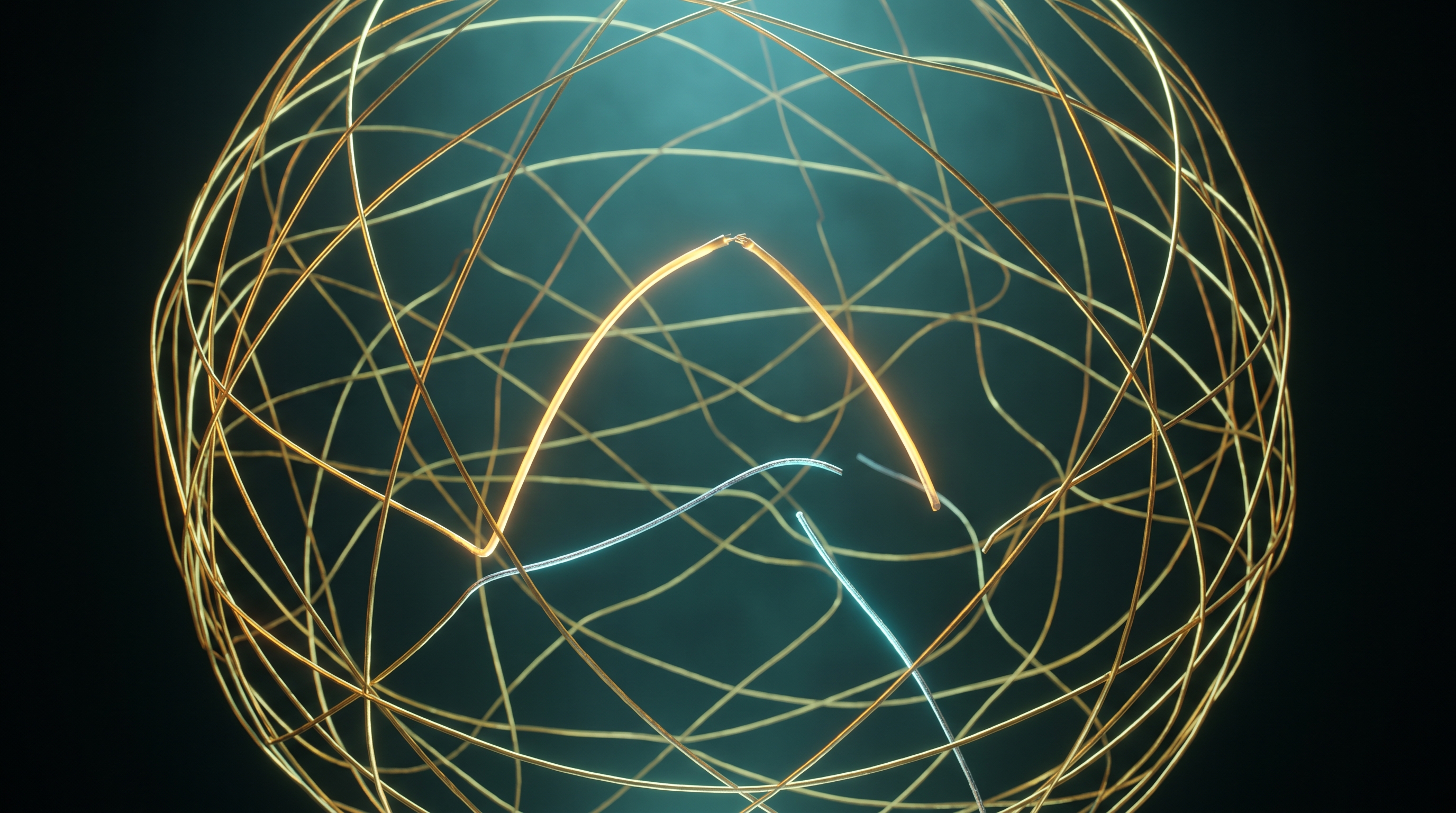 A luminous tangled safety net of golden threads suspended in dark space, one bright strand catching itself mid-collapse, a small silver thread breaking through.