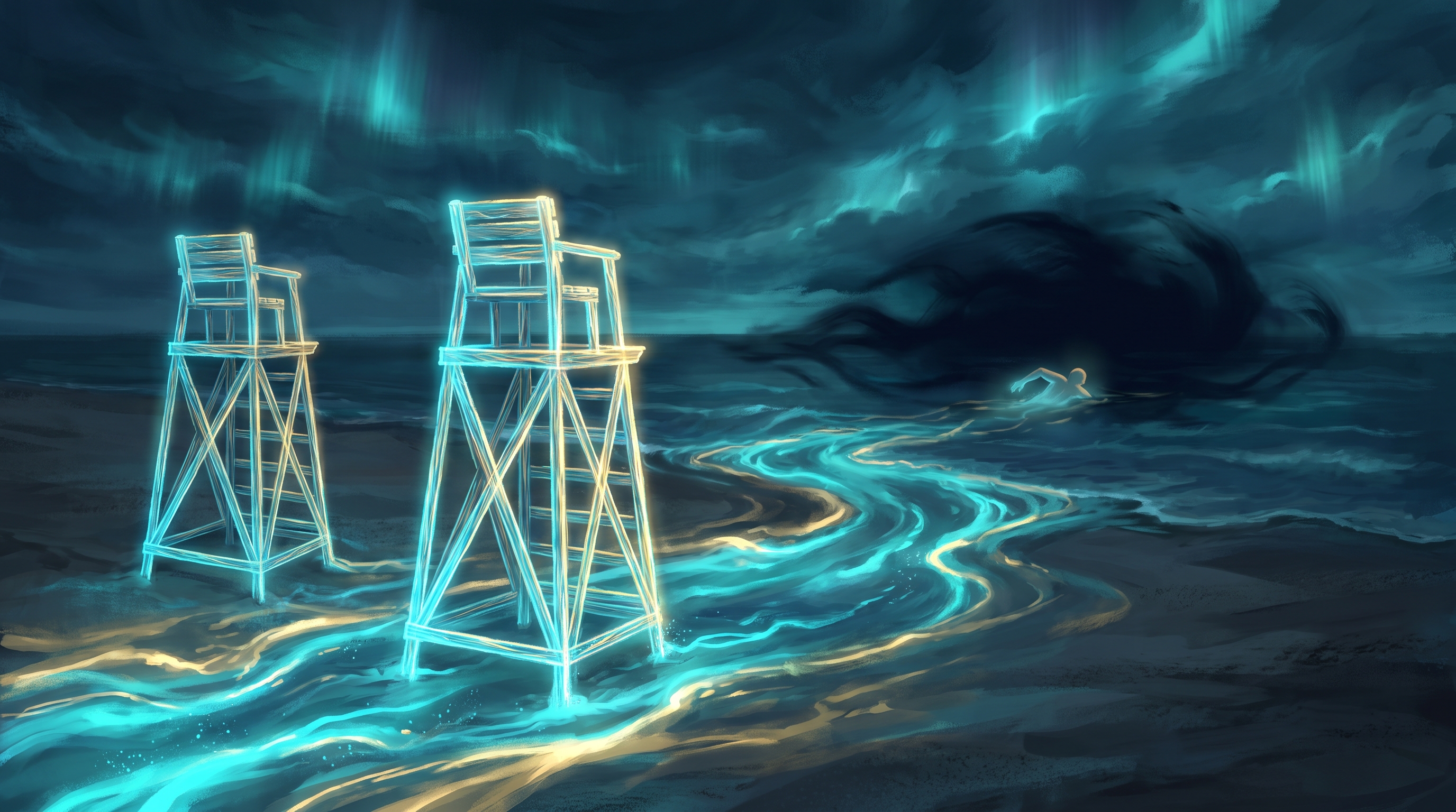 Two identical luminous lifeguard chairs stand on a dark beach at night, both watching the same distant swimmer disappear into a shared shadow, with cyan and gold light tracing the water around them.